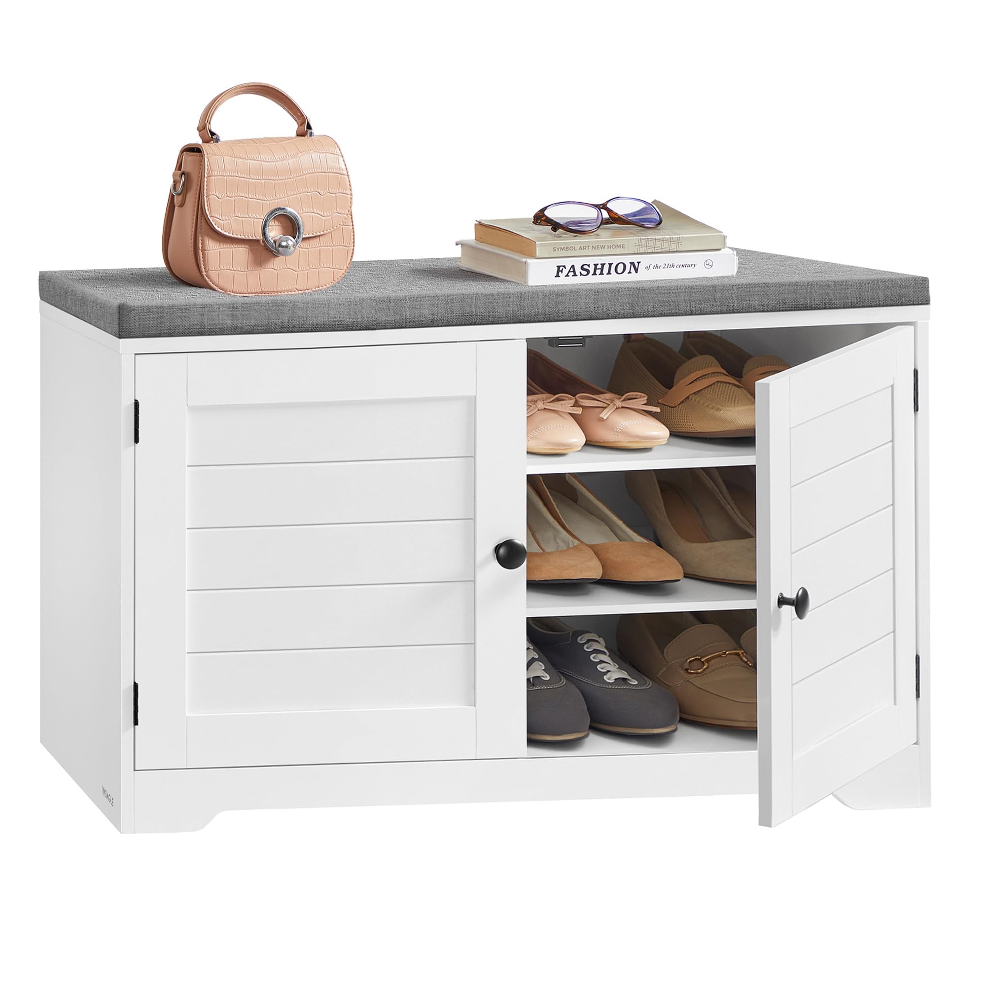 VASAGLE Shoe Storage Bench with Cushion, 3-Tier Entryway Bench with Padded Seat, Doors, Adjustable Shelves, 14 x 39.8 x 20.7 Inches, Hallway, Bedroom, Heather Greige and Cappuccino Beige ULSB044L01