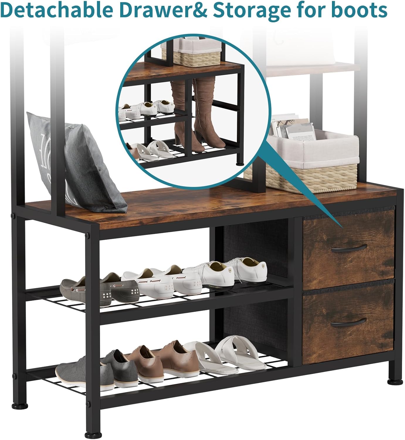 LUMTOK Hall Tree with Bench Storage and Shoes Storage, Hall Tree with Drawers and Shelves for Bedroom, 6-in-1 Entryway Organizer with Shelves, Living Room, Entryway, Closets (Rustic Brown)
