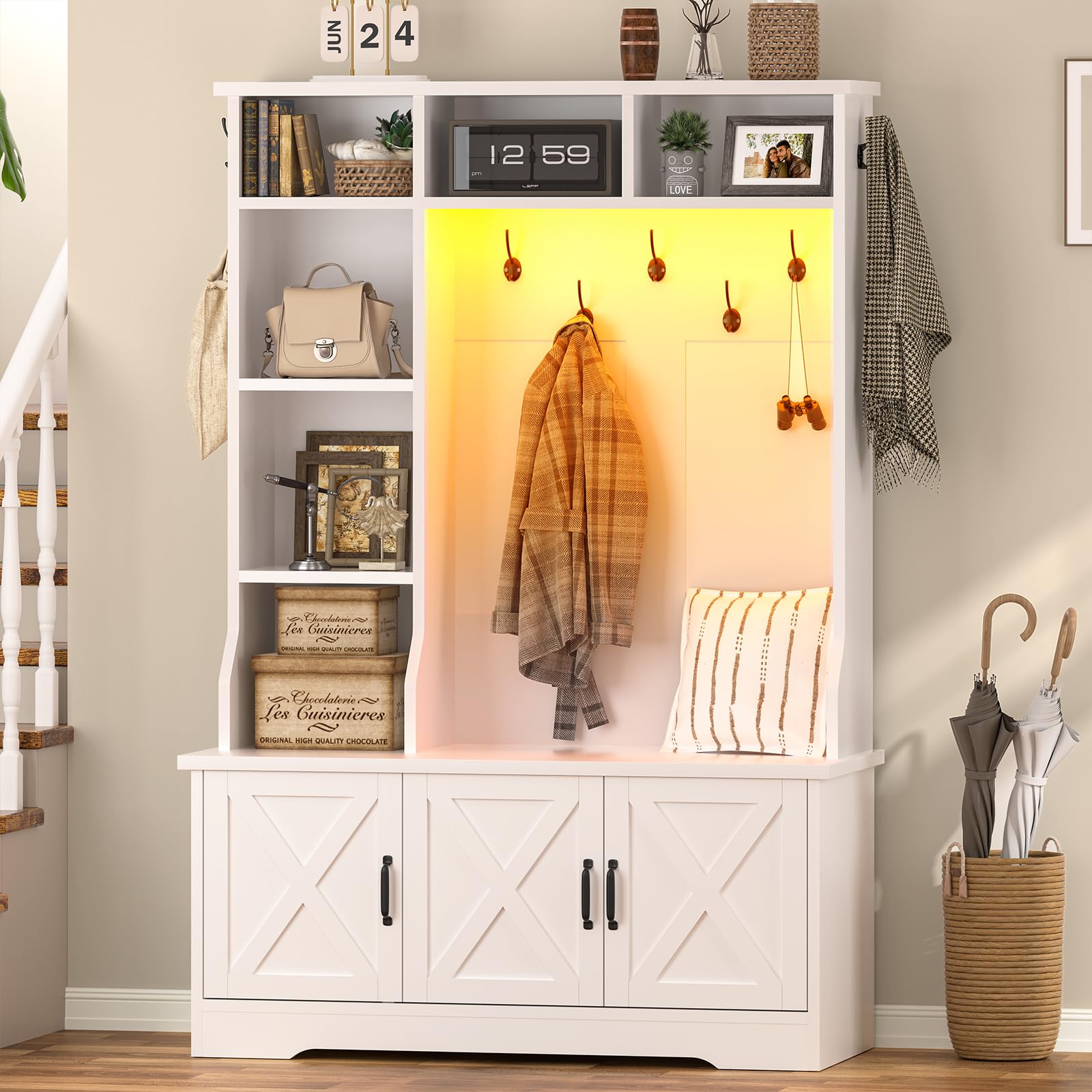 CSZZD Hall Tree with Bench and Shoe Storage, Farmhouse Entryway Bench with Coat Racks and Led Lights, Tall Hall Tree with 7 Coat Hooks, 6 Storage Cubbies, Adjustable Shelf