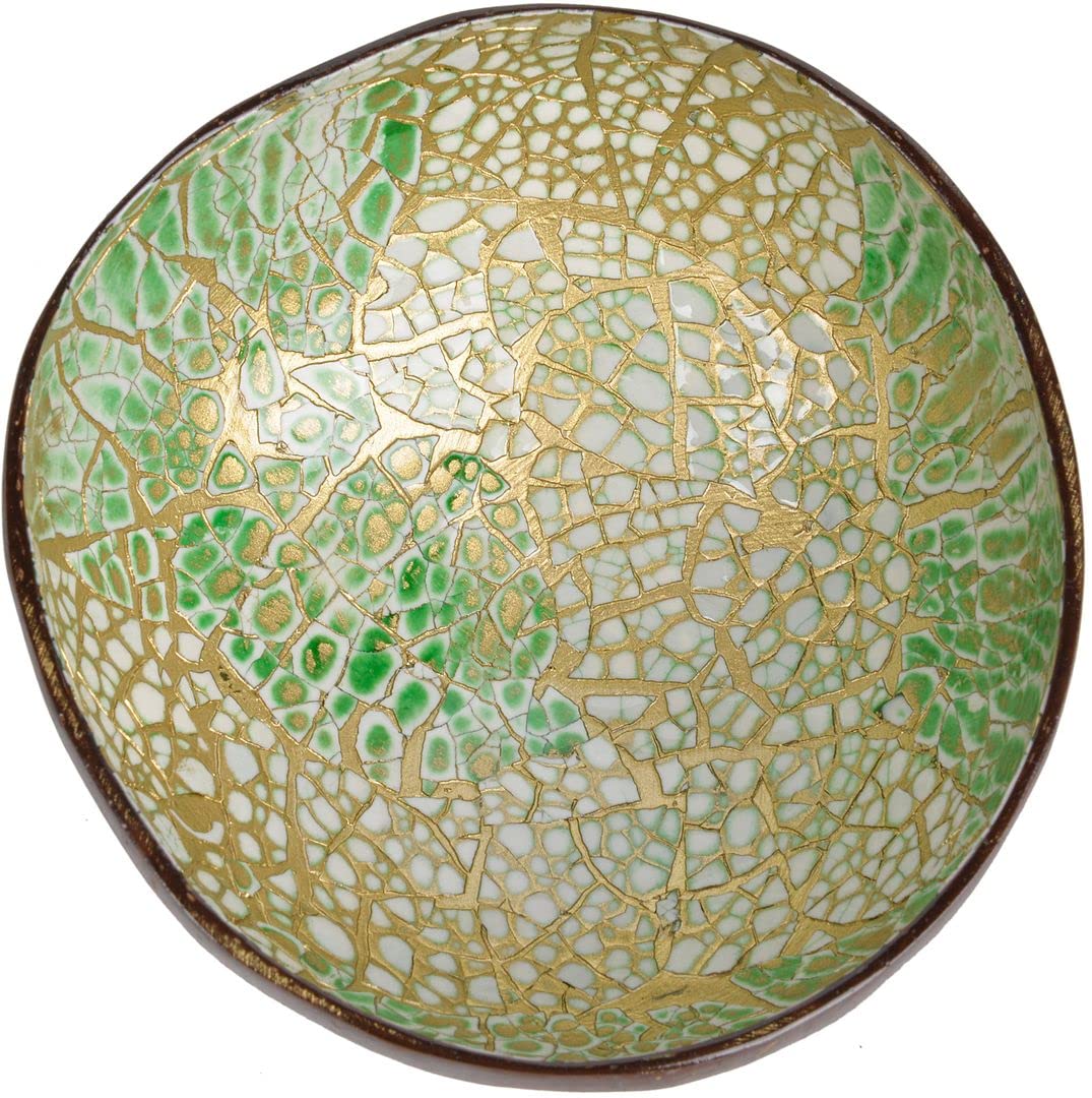 ChezMax Natural Coconut Bowl with Mother of Pearl Inlays - Key Bowl & Fruit Snack Holder (Blue-Gold)