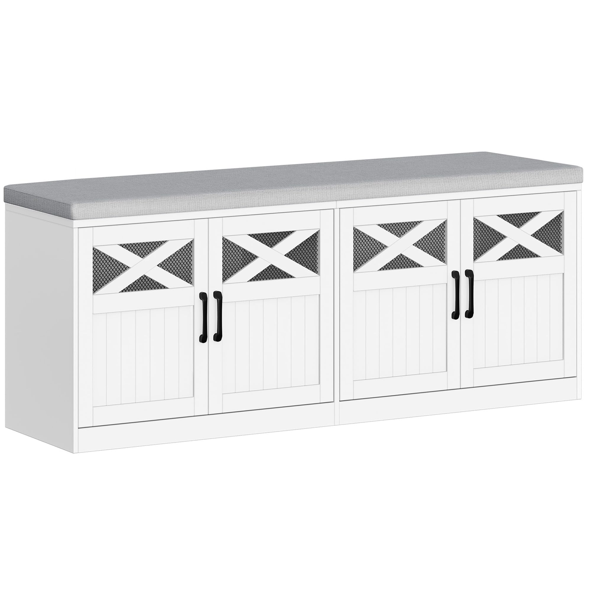 Hzuaneri 2 Tier Shoe Storage Bench with Doors, 47.2" Farmhouse Shoe Bench with Padded Cushion, 12 Pairs of Bed End Bench, Entryway Bench with Storage for Bedroom, Living Room, Rustic White SB61214KA