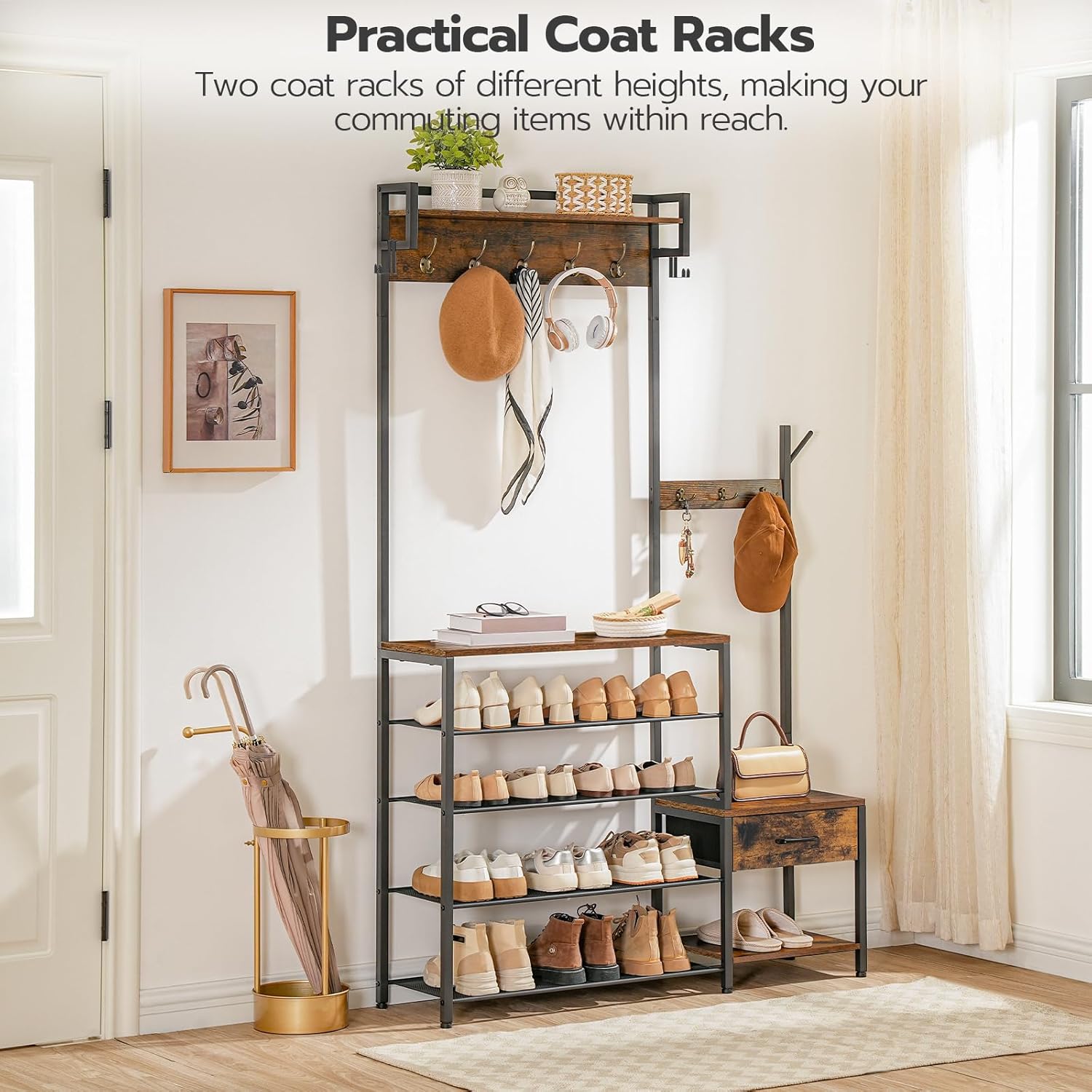 HOOBRO Hall Tree, Entryway Coat Rack Shoe Bench, Shoe and Coat Rack for Entryway, Hall Tree Coat Rack, with Non-Woven Fabric Drawer, for Entrance, Foyer, Rustic Brown and Black BF113MT01