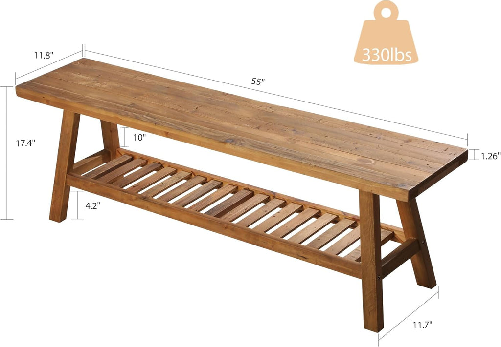 HOKYHOKY Reclaimed Solid Wood Bench-55 Inches Farmhouse Entryway Bench with Storage Shelf, Narrow Rustic Bench for Hallway, Kitchen, Bedroom, Dining