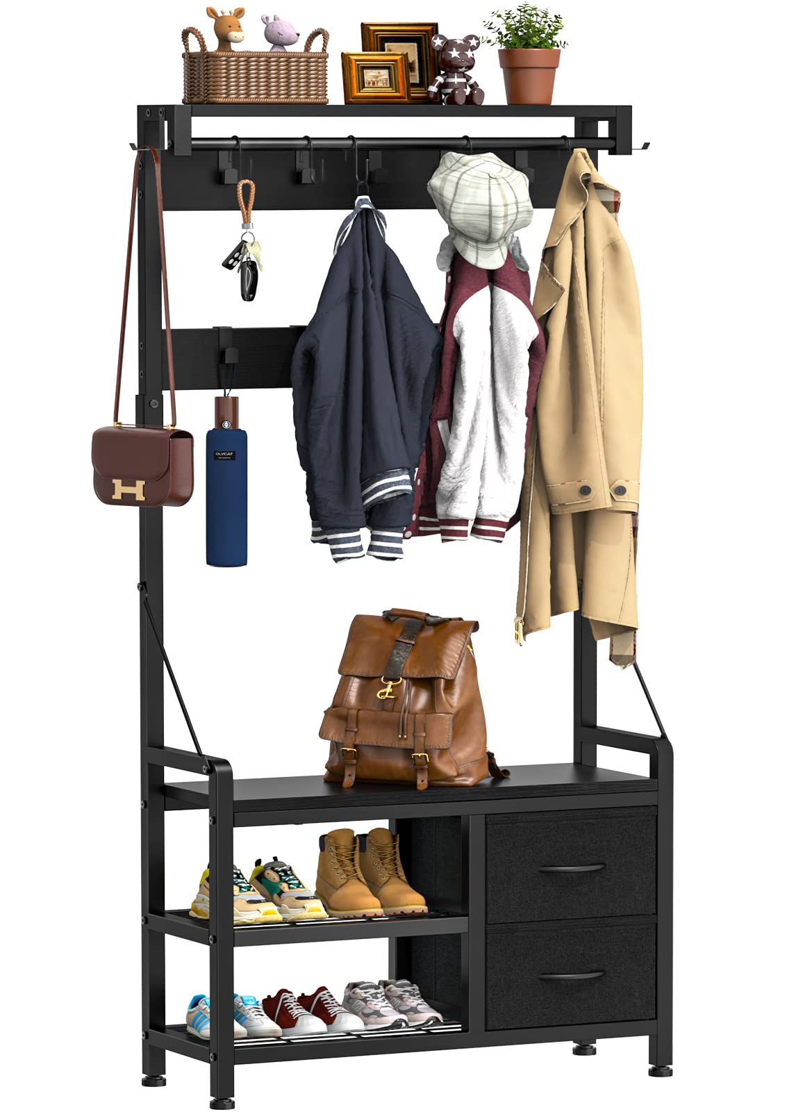 Lulive Hall Tree, 31.5” Entryway Bench with Coat Rack freestanding, 5 in 1 Intelligent Design Shoe Bench and Wall Rack 17 Hooks and Drawers (Rustic Brown)