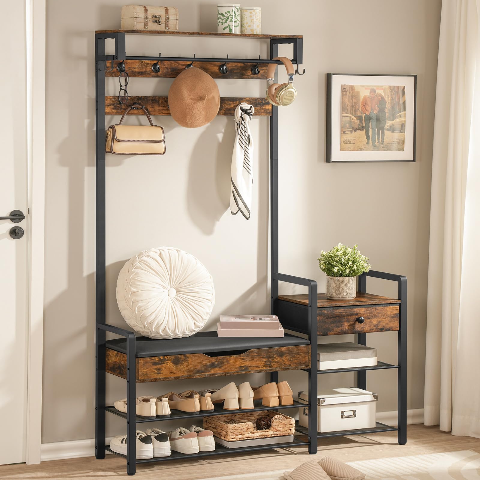 HOOBRO Hall Tree with Bench, Shoe and Coat Rack for Entryway, Coat Rack with Bench, Flip Top Storage Box, PU Cushioned Seat, Non-Woven Fabric Drawer, for Entrance, Greige and Black BG110MT01