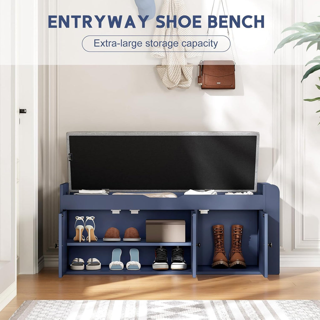 42.6" Storage Bench - Entryway Shoe Bench with Side Storage Shelves and 3 Doors, Multifunctional Entryway Bench with Lift Top Cushion, Shoe Storage Bench for Bedroom, Living Room, Blue