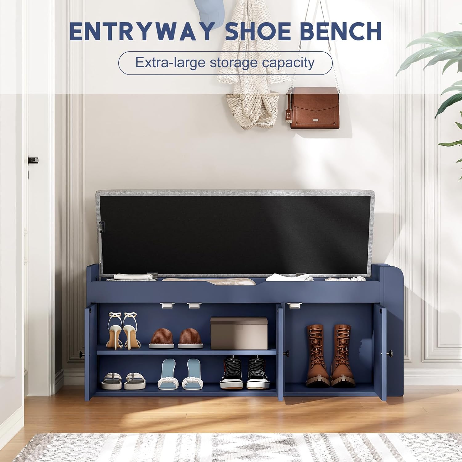42.6" Storage Bench - Entryway Shoe Bench with Side Storage Shelves and 3 Doors, Multifunctional Entryway Bench with Lift Top Cushion, Shoe Storage Bench for Bedroom, Living Room, Blue