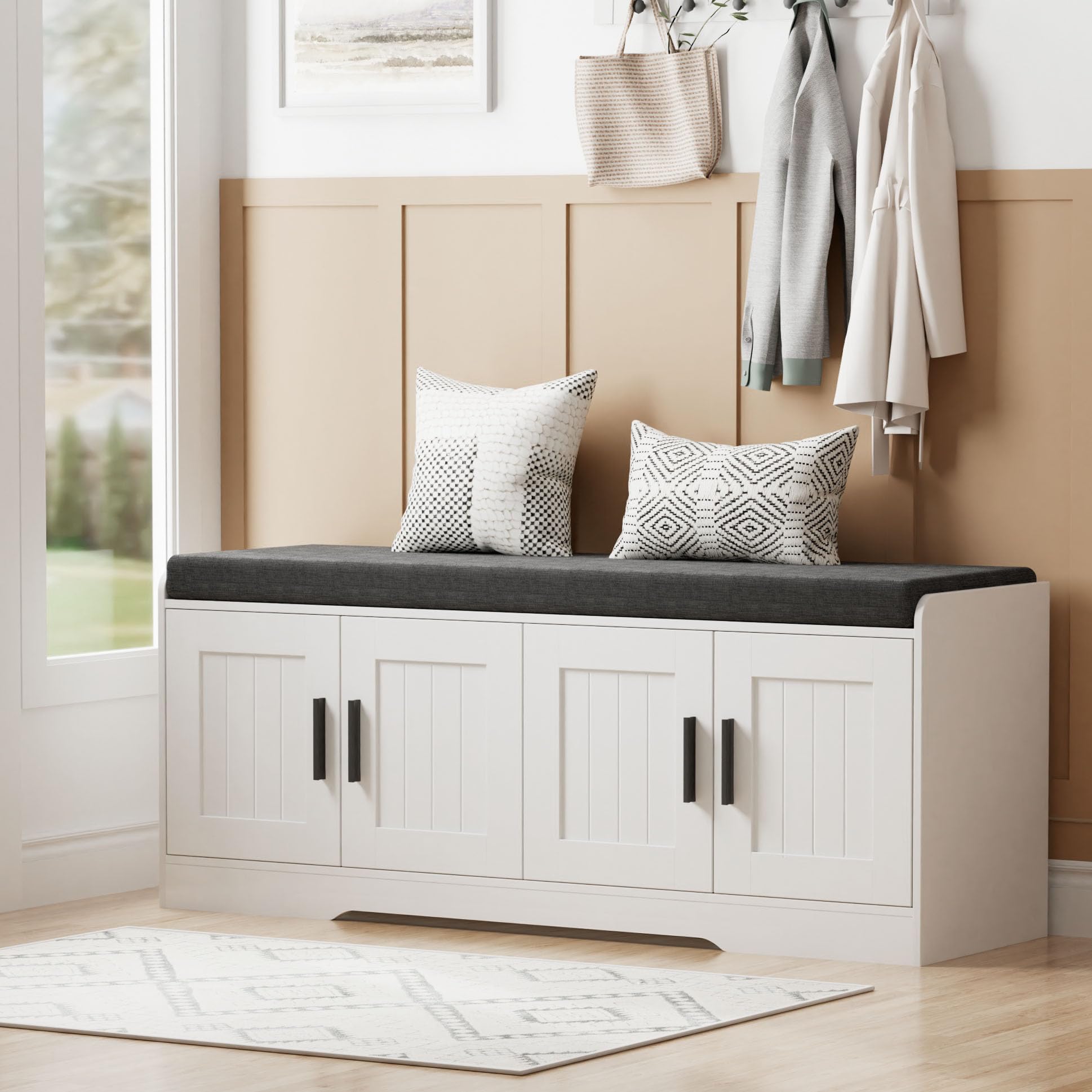 Homleke 2-Tier Storage Bench, Shoe Bench with Thickened Padded Seat Cushion, Entryway Bench with 2 Doors, Adjustable Shelf, 13.8" D x 37.4" W x 18.5" H, for Entryway, Living Room, Bedroom, White