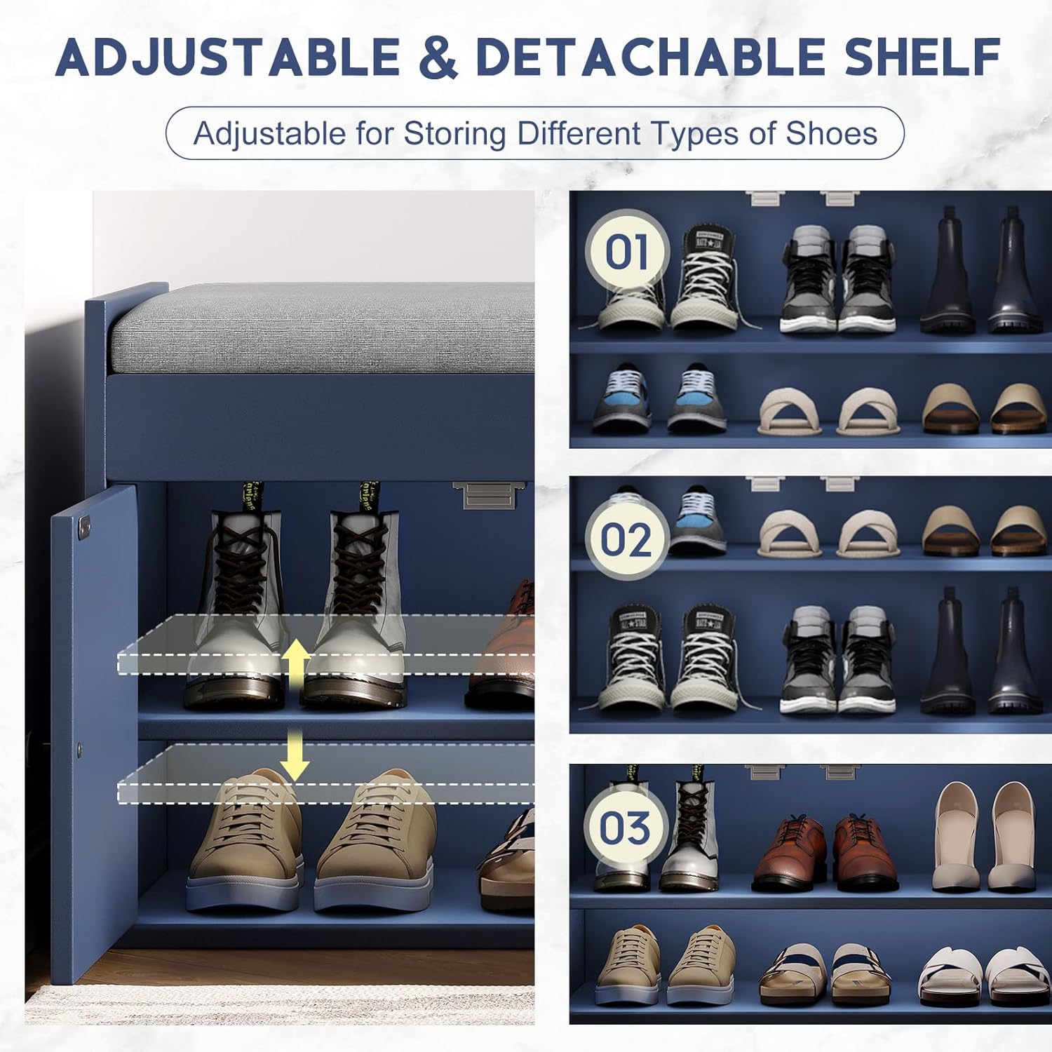 42.6" Storage Bench - Entryway Shoe Bench with Side Storage Shelves and 3 Doors, Multifunctional Entryway Bench with Lift Top Cushion, Shoe Storage Bench for Bedroom, Living Room, Blue