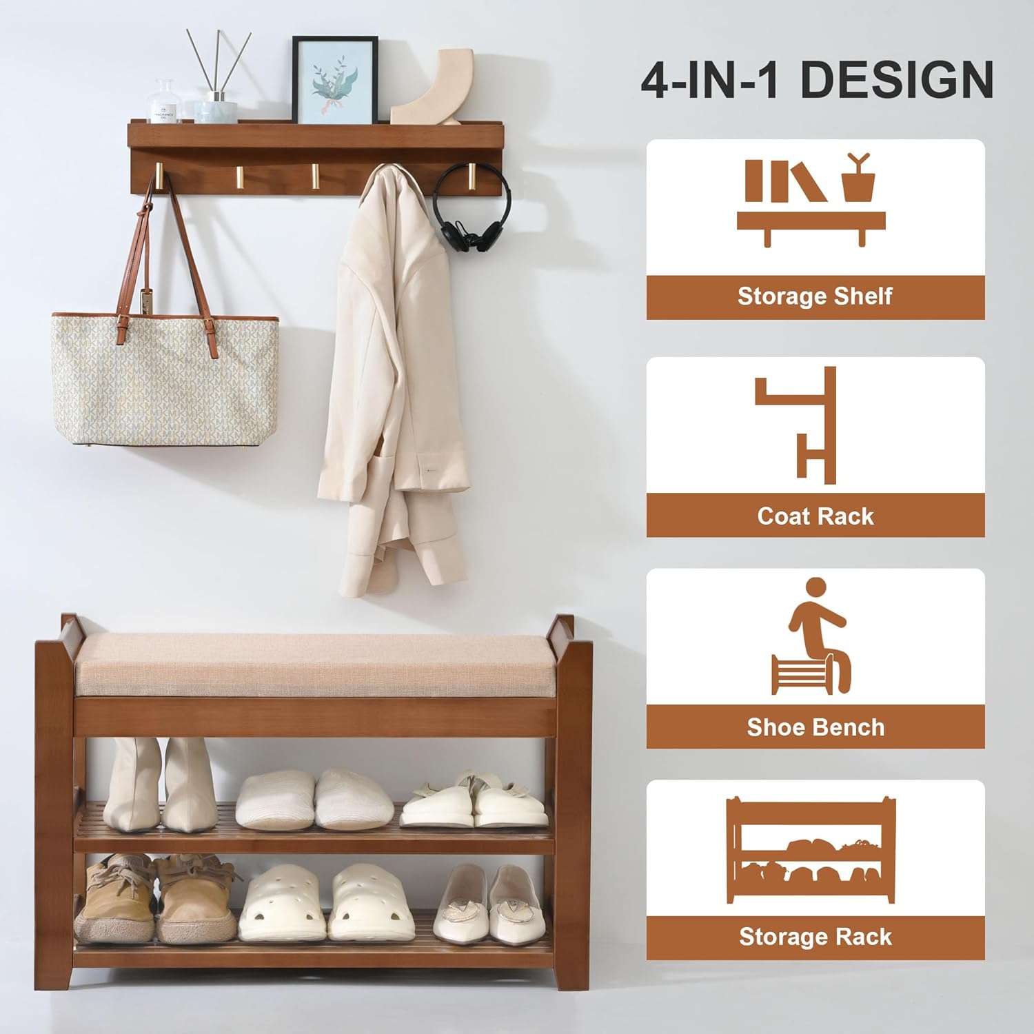 PETKABOO Shoe Rack for Front Door Entrance, 28” Entryway Bench with Coat Rack, Hall Tree Shoe Bench with Storage for Entry, Hallway, Bedroom, Living Room