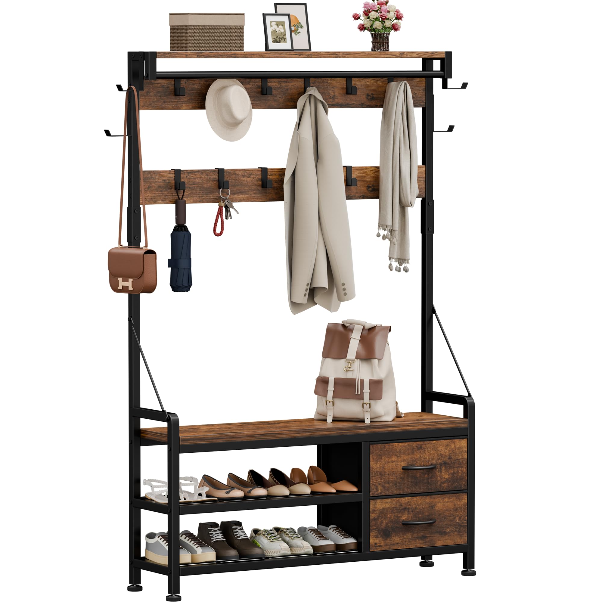 Lulive Hall Tree, 31.5” Entryway Bench with Coat Rack freestanding, 5 in 1 Intelligent Design Shoe Bench and Wall Rack 17 Hooks and Drawers (Rustic Brown)