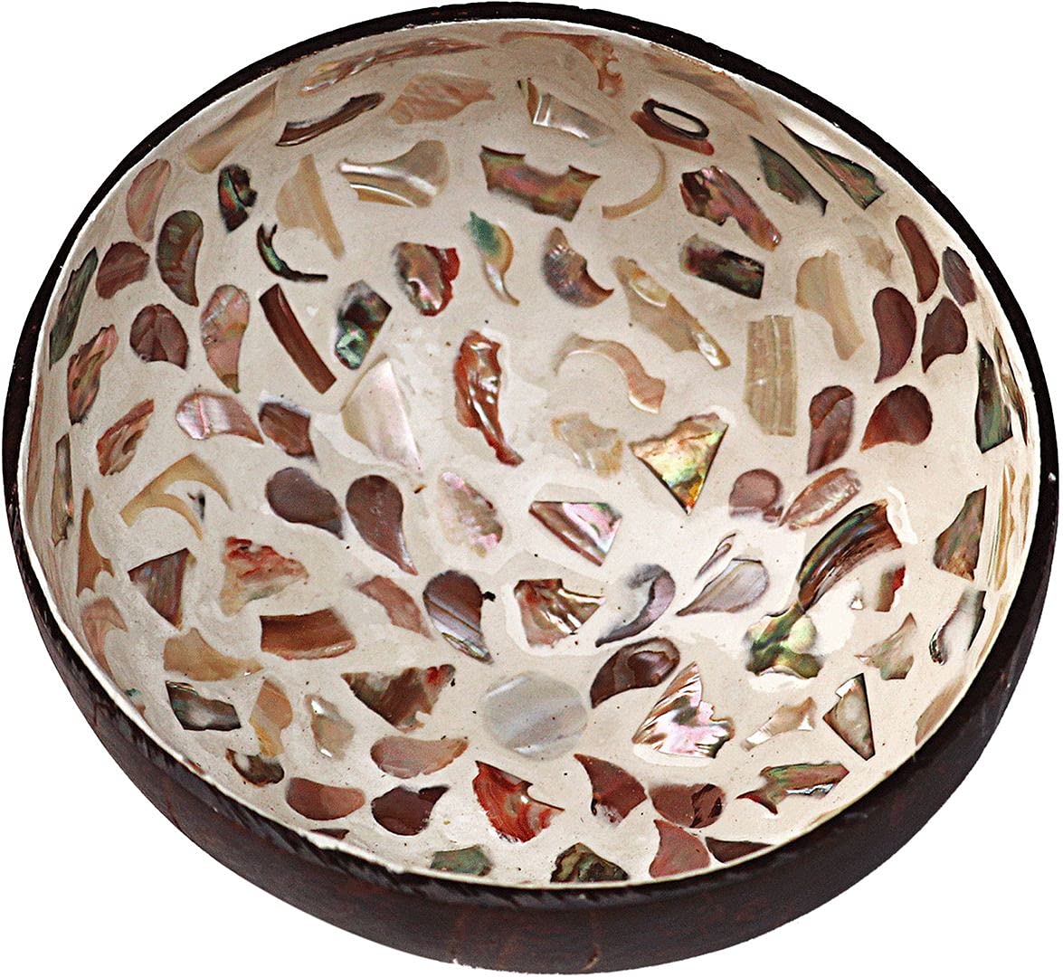 ChezMax Natural Coconut Bowl with Mother of Pearl Inlays - Key Bowl & Fruit Snack Holder (Blue-Gold)