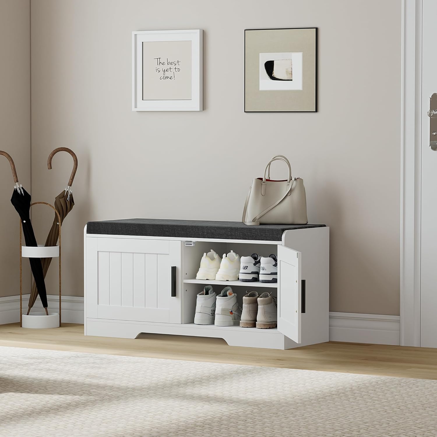 Homleke 2-Tier Storage Bench, Shoe Bench with Thickened Padded Seat Cushion, Entryway Bench with 2 Doors, Adjustable Shelf, 13.8" D x 37.4" W x 18.5" H, for Entryway, Living Room, Bedroom, White
