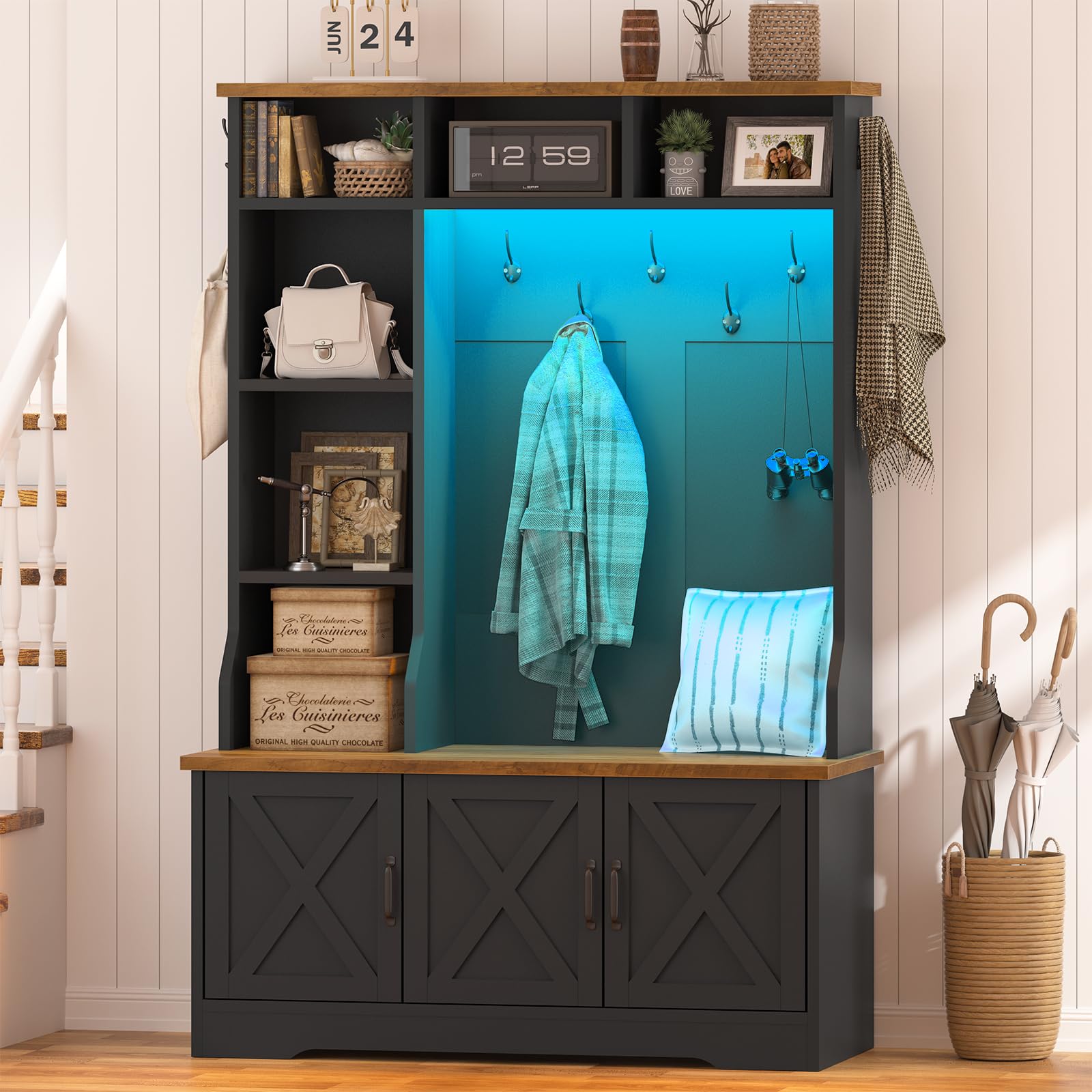 CSZZD Hall Tree with Bench and Shoe Storage, Farmhouse Entryway Bench with Coat Racks and Led Lights, Tall Hall Tree with 7 Coat Hooks, 6 Storage Cubbies, Adjustable Shelf