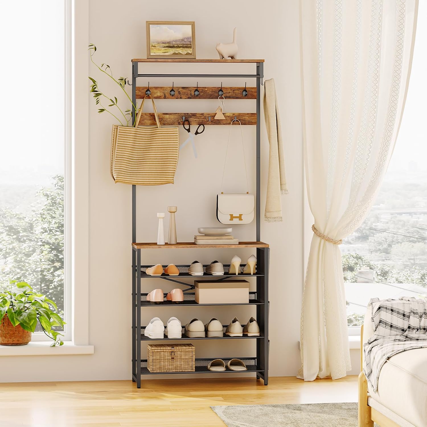 HOOBRO Hall Tree with Bench, Entryway Coat Rack with Shoe Rack, Shoe and Coat Rack, 5 Tier Shoe Storage Organizer with Oxford Fabric Side Pockets, Adjustable Mesh Shelves, Rustic Brown BF75MT01