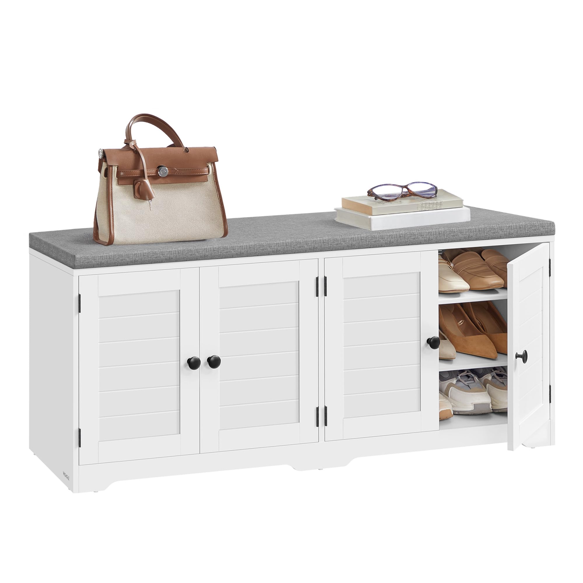 VASAGLE Shoe Storage Bench with Cushion, 3-Tier Entryway Bench with Padded Seat, Doors, Adjustable Shelves, 14 x 39.8 x 20.7 Inches, Hallway, Bedroom, Heather Greige and Cappuccino Beige ULSB044L01