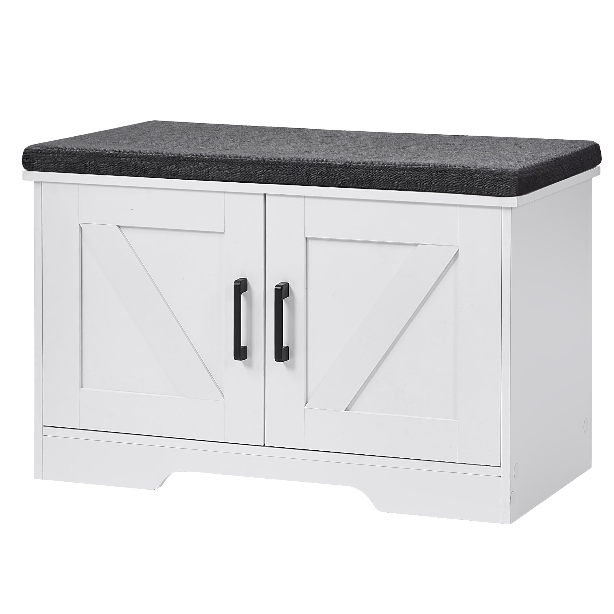 HOMSHO 2-Tier Storage Bench, 39.4" Wide Shoe Bench with Padded Seat Cushion, Entryway Bench with 2 Barn Doors and Adjustable Shelf, White