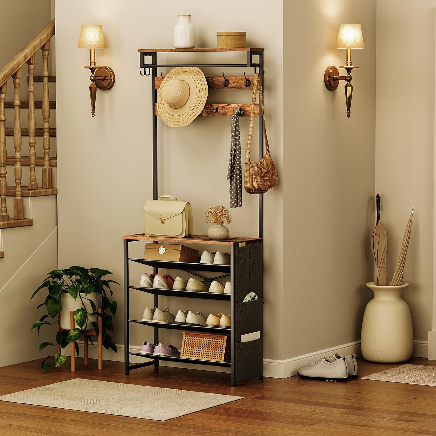 HOOBRO Hall Tree with Bench, Entryway Coat Rack with Shoe Rack, Shoe and Coat Rack, 5 Tier Shoe Storage Organizer with Oxford Fabric Side Pockets, Adjustable Mesh Shelves, Rustic Brown BF75MT01