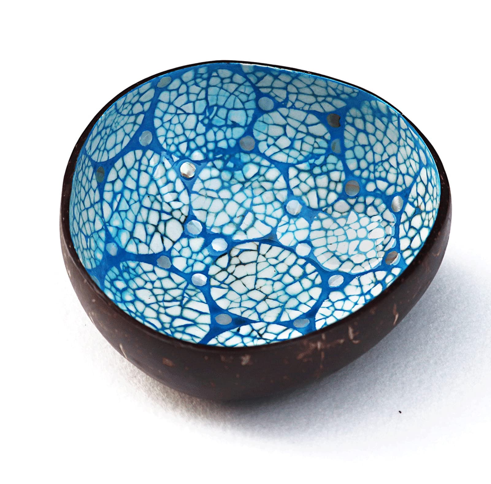 ChezMax Natural Coconut Bowl with Mother of Pearl Inlays - Key Bowl & Fruit Snack Holder (Blue-Gold)