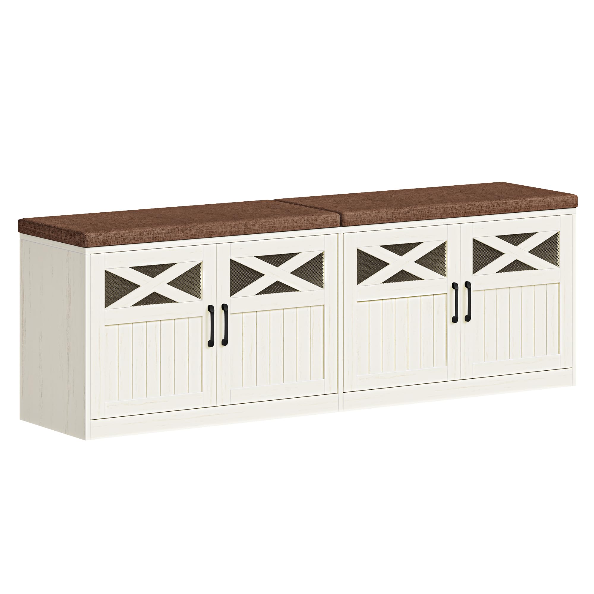 Hzuaneri 2 Tier Shoe Storage Bench with Doors, 47.2" Farmhouse Shoe Bench with Padded Cushion, 12 Pairs of Bed End Bench, Entryway Bench with Storage for Bedroom, Living Room, Rustic White SB61214KA