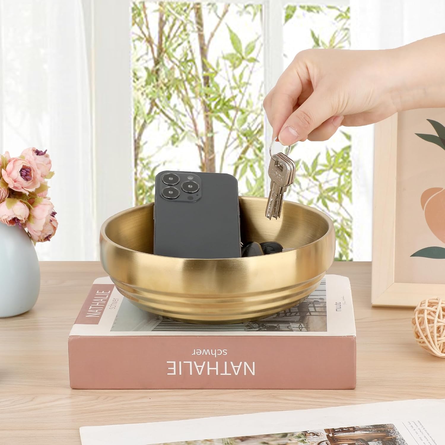 Key Bowl for Entryway Table Decorative Key Dish for Organizing Tabletop Catch All Bowl Gold Fruit Bowls for Kitchen Counter, Coffee Table,7.4 Inches