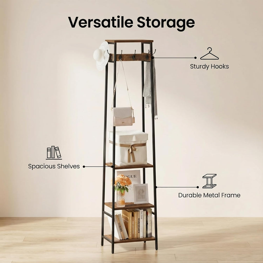 Coat Rack Freestanding, Coat Stand with 3 Shelves and 7 Hooks, Hall Tree Free Standing, Clothes Rack Stand Organizer, Industrial Style, Rustic Brown and Black