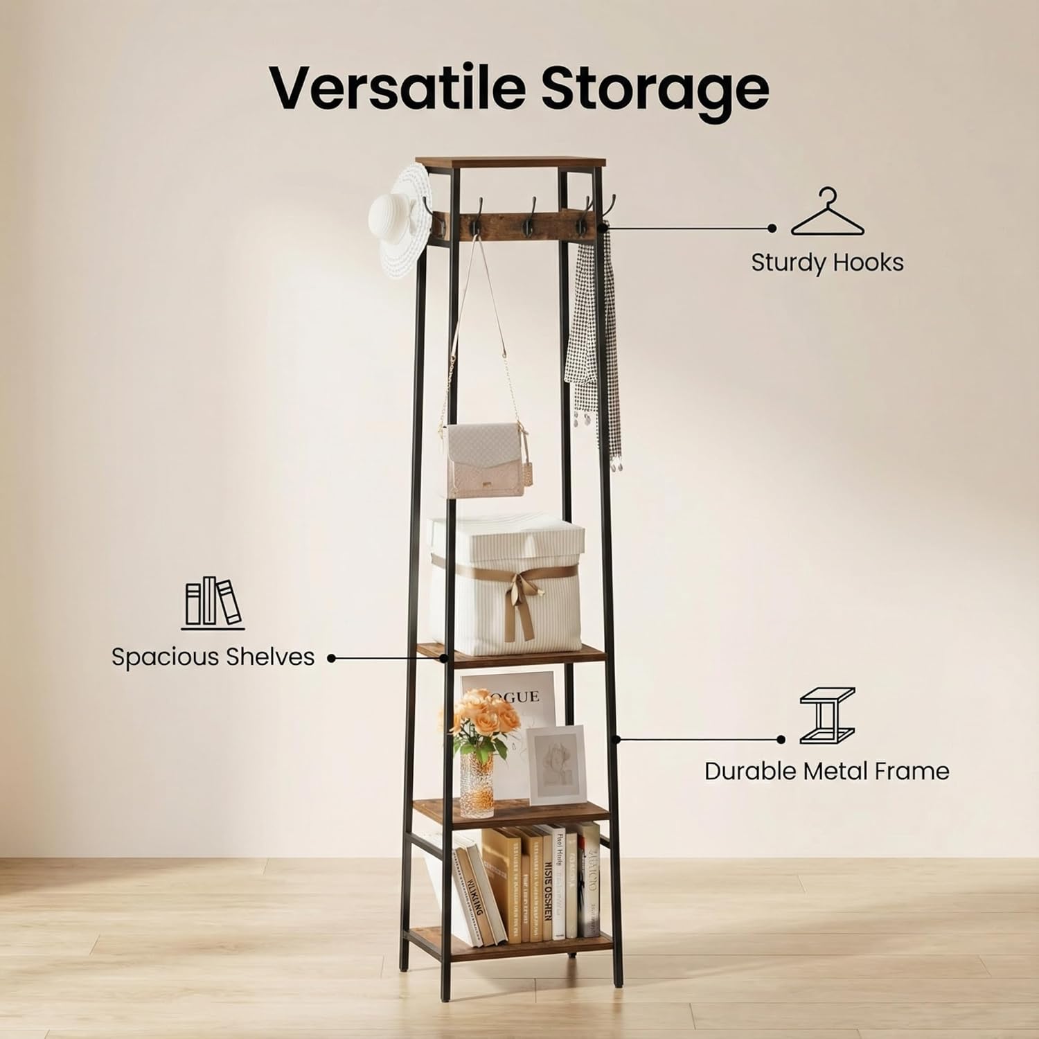 Coat Rack Freestanding, Coat Stand with 3 Shelves and 7 Hooks, Hall Tree Free Standing, Clothes Rack Stand Organizer, Industrial Style, Rustic Brown and Black