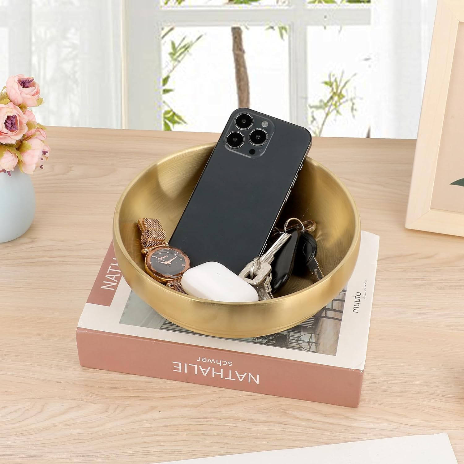 Key Bowl for Entryway Table Decorative Key Dish for Organizing Tabletop Catch All Bowl Gold Fruit Bowls for Kitchen Counter, Coffee Table,7.4 Inches