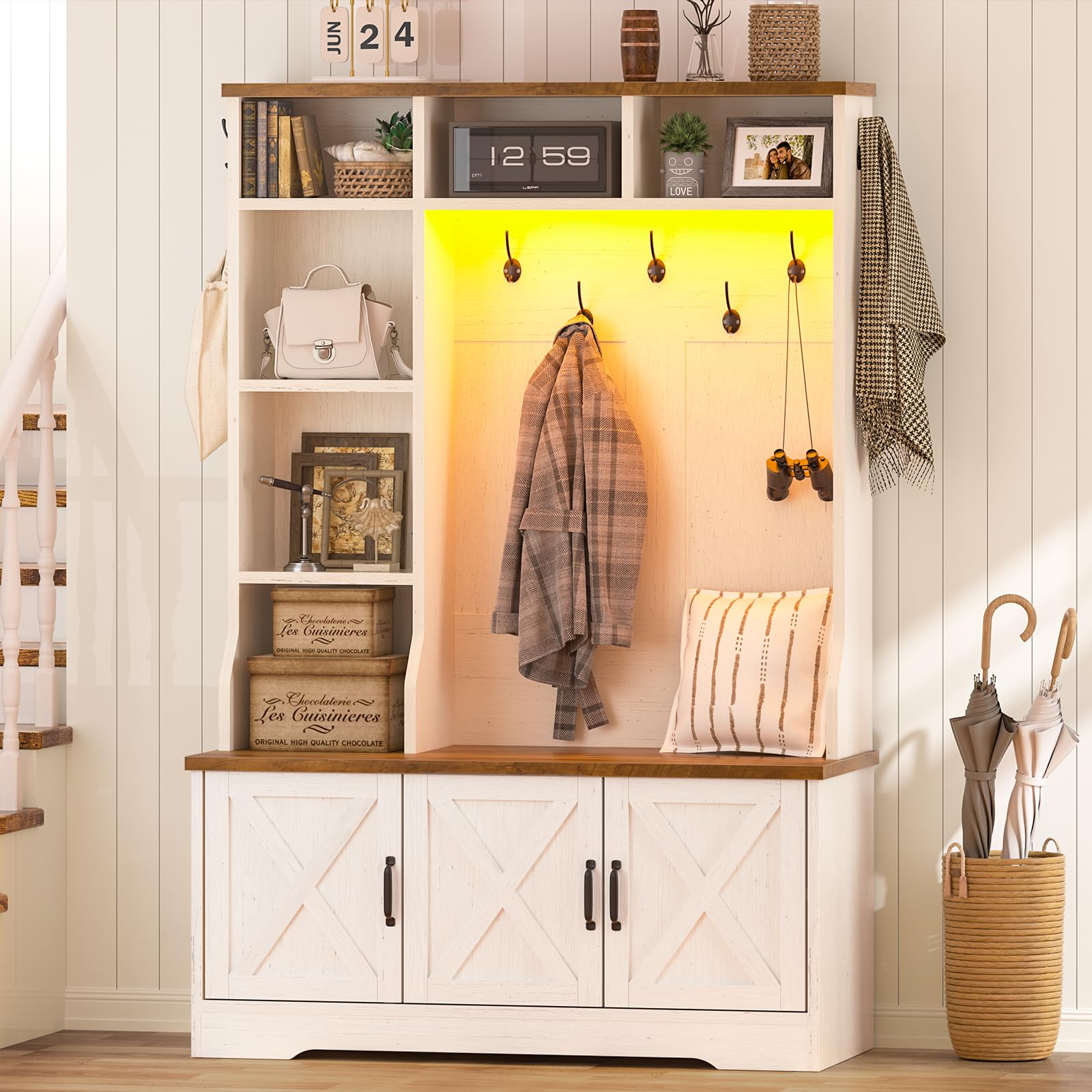 CSZZD Hall Tree with Bench and Shoe Storage, Farmhouse Entryway Bench with Coat Racks and Led Lights, Tall Hall Tree with 7 Coat Hooks, 6 Storage Cubbies, Adjustable Shelf