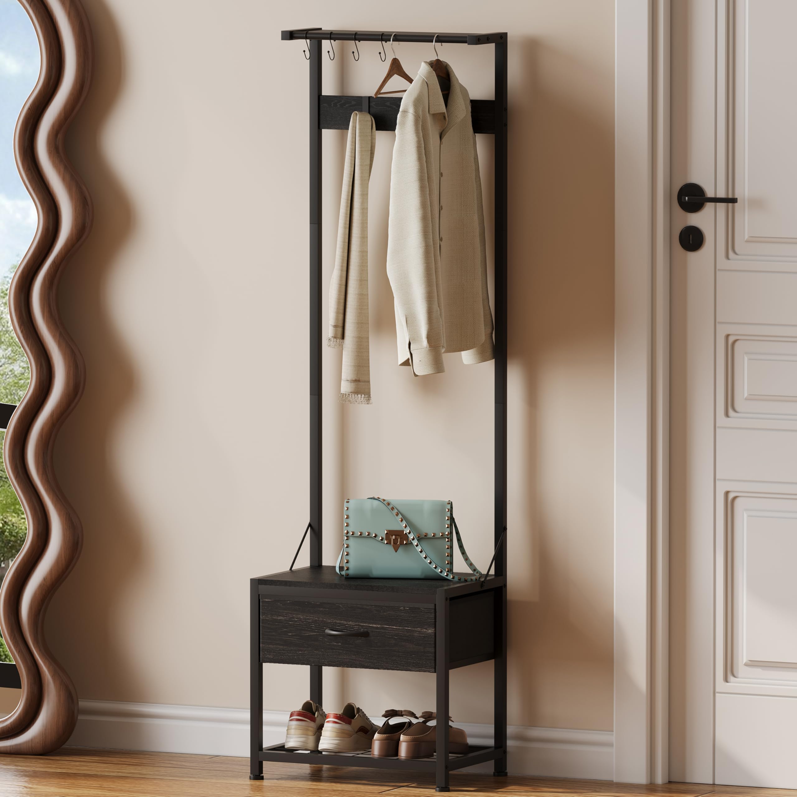 LUMTOK Hall Tree with Shoes Bench, Small Coat Rack with Fabirc Drawer and Shelf for Bedroom, 4-in-1 Entryway Organizer with Shoes Stool for Living Room, Entryway, Closets (Rustic Brown) (Brown, Small)