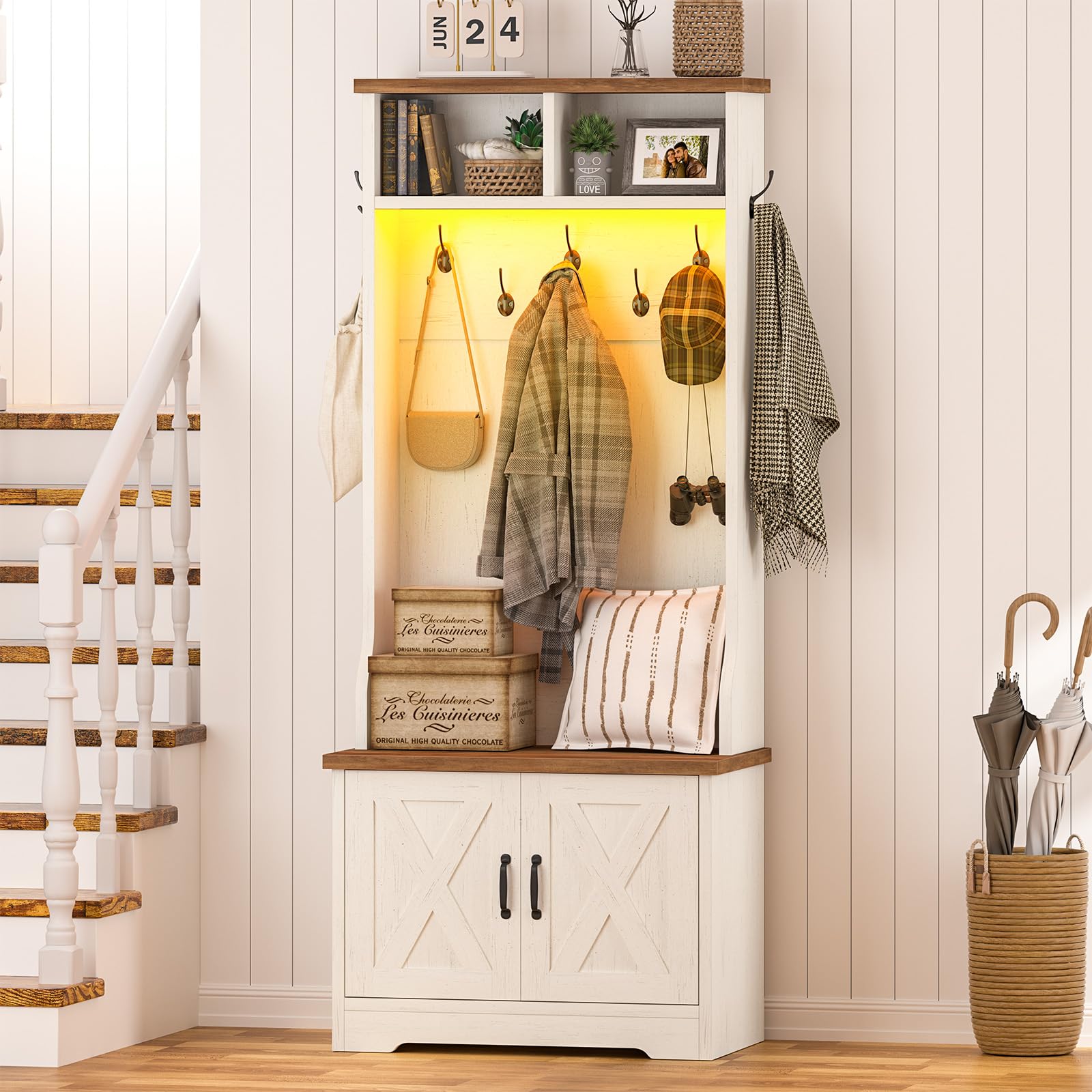 CSZZD Hall Tree with Bench and Shoe Storage, Farmhouse Entryway Bench with Coat Racks and Led Lights, Tall Hall Tree with 7 Coat Hooks, 6 Storage Cubbies, Adjustable Shelf