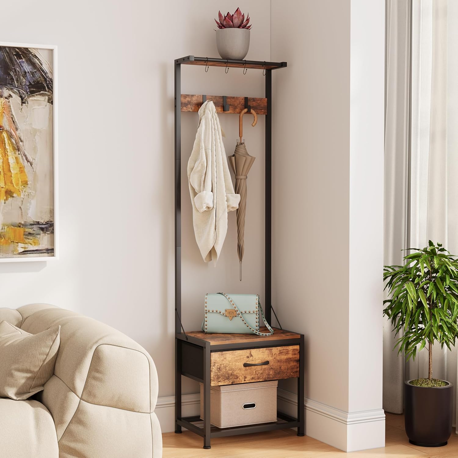 LUMTOK Hall Tree with Shoes Bench, Small Coat Rack with Fabirc Drawer and Shelf for Bedroom, 4-in-1 Entryway Organizer with Shoes Stool for Living Room, Entryway, Closets (Rustic Brown) (Brown, Small)