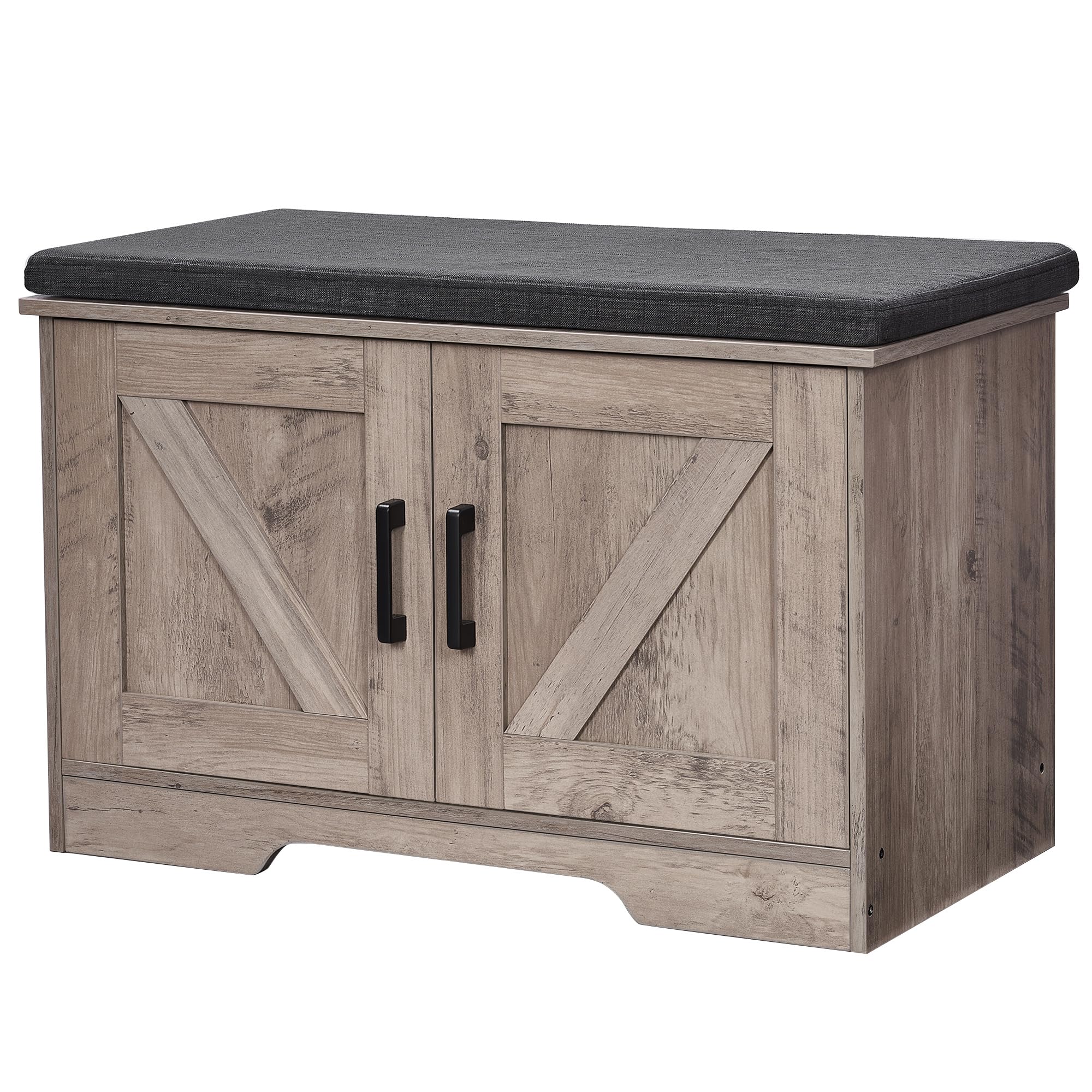 HOMSHO 2-Tier Storage Bench, 39.4" Wide Shoe Bench with Padded Seat Cushion, Entryway Bench with 2 Barn Doors and Adjustable Shelf, White