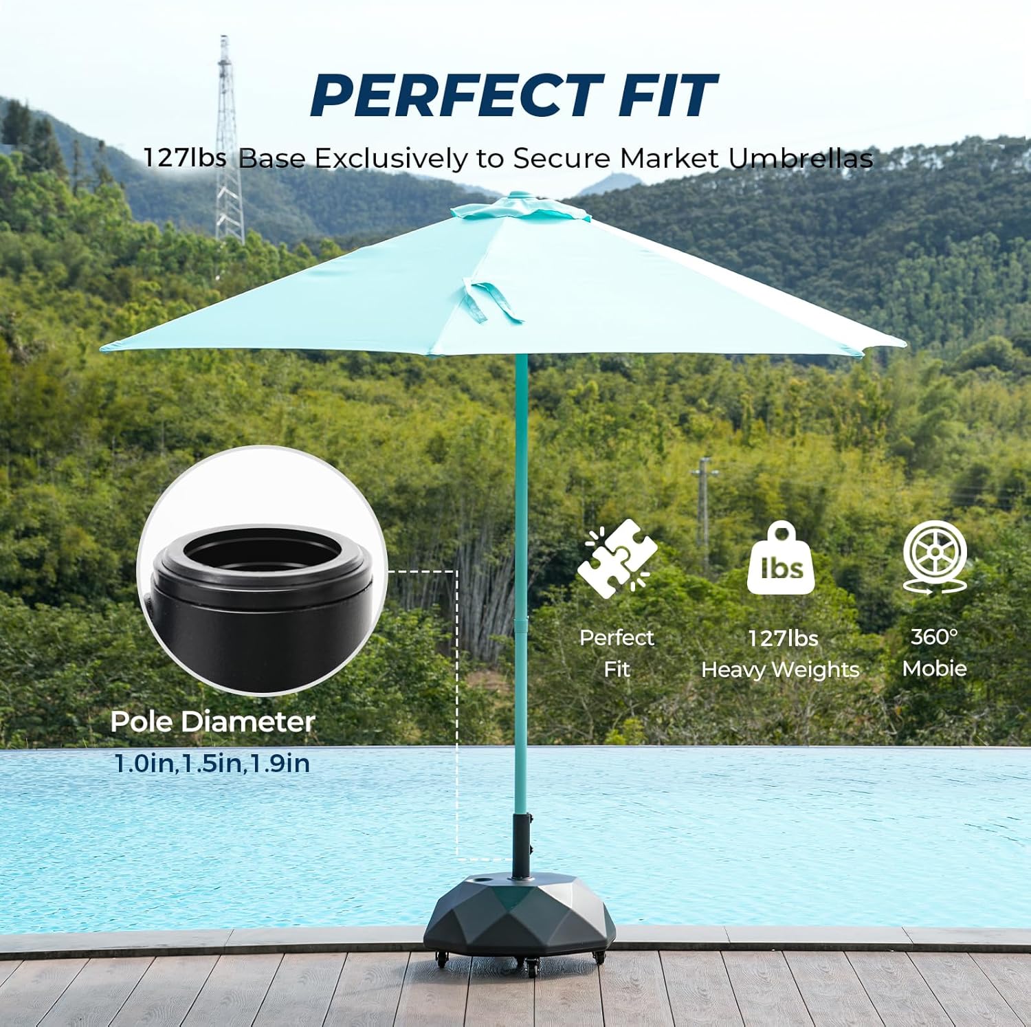 HOMSHADE H16 Patio Umbrella Stand Base with 5 Wheels - 127lbs Heavy Duty Rolling Weights Outdoor Market Umbrella Base, Refillable High-Density HDPE Materia Weights Stand for Outside Patio