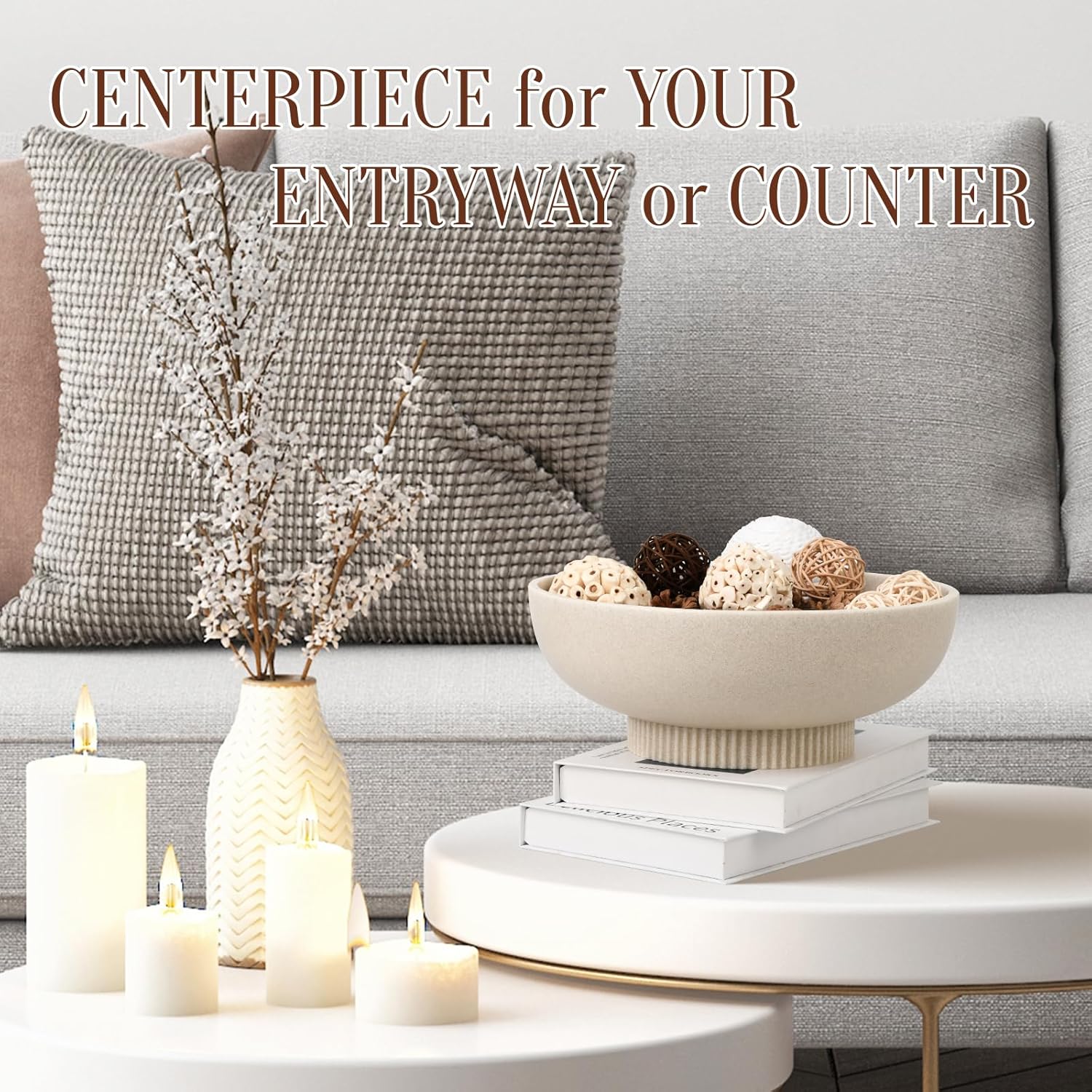 Deobath Large Resin Pedestal Decorative Bowl - Modern Handicraft Bowls for Home Decor - Fruit Bowl for Kitchen Counter - Key Bowl for Entryway Table,Artificial Stone Beige