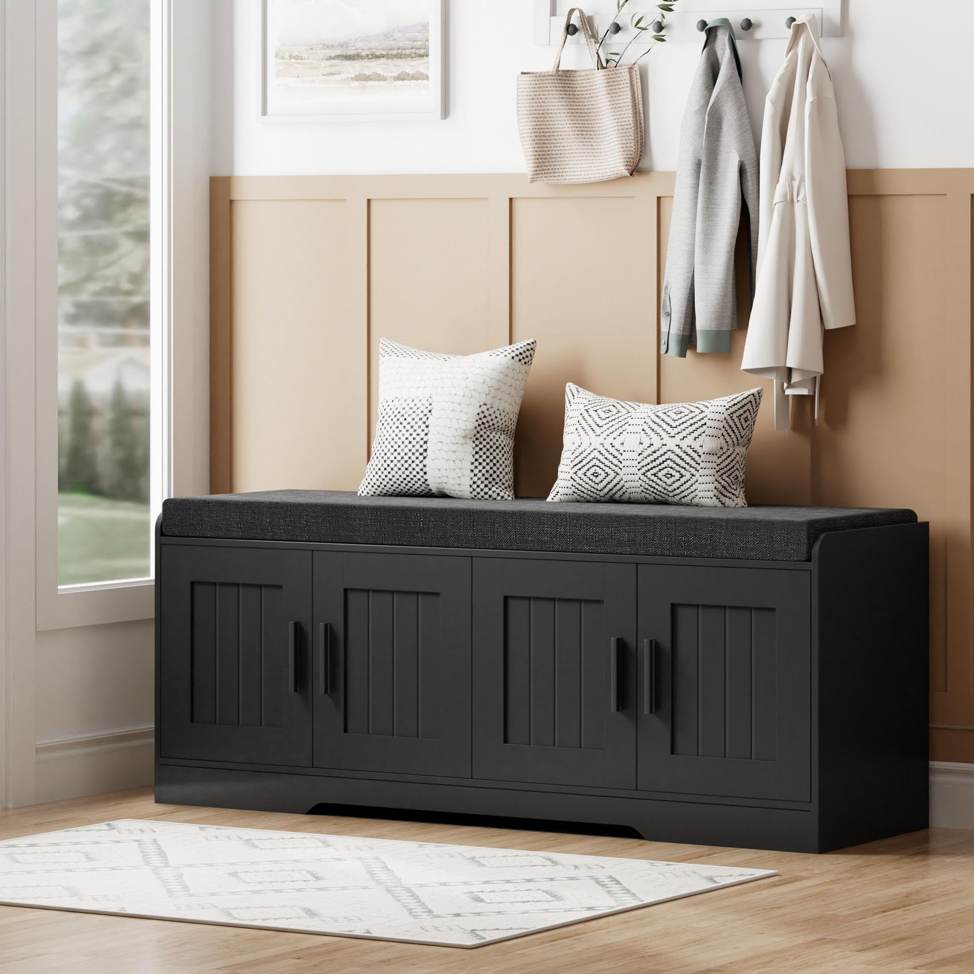 Homleke 2-Tier Storage Bench, Shoe Bench with Thickened Padded Seat Cushion, Entryway Bench with 2 Doors, Adjustable Shelf, 13.8" D x 37.4" W x 18.5" H, for Entryway, Living Room, Bedroom, White