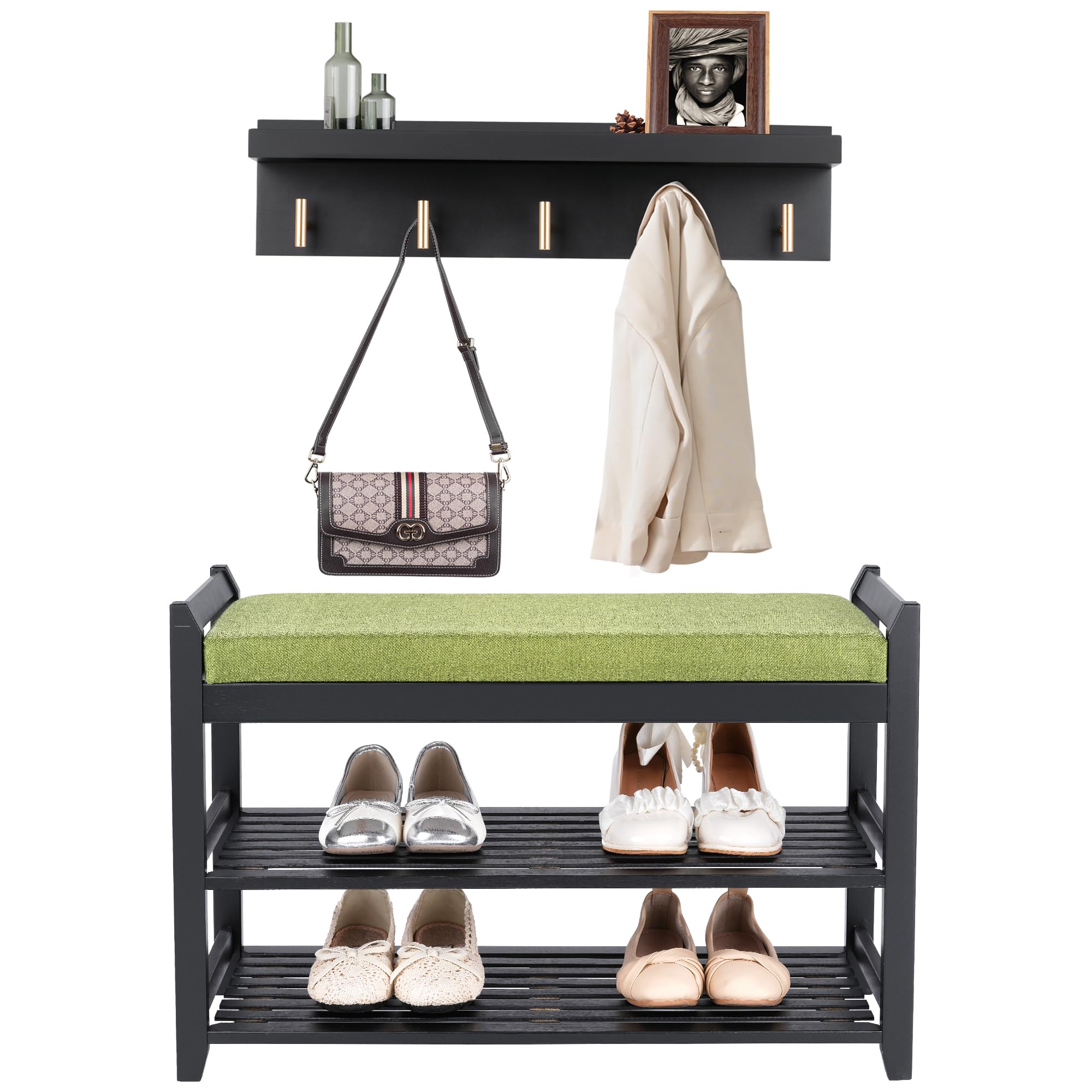 PETKABOO Shoe Rack for Front Door Entrance, 28” Entryway Bench with Coat Rack, Hall Tree Shoe Bench with Storage for Entry, Hallway, Bedroom, Living Room