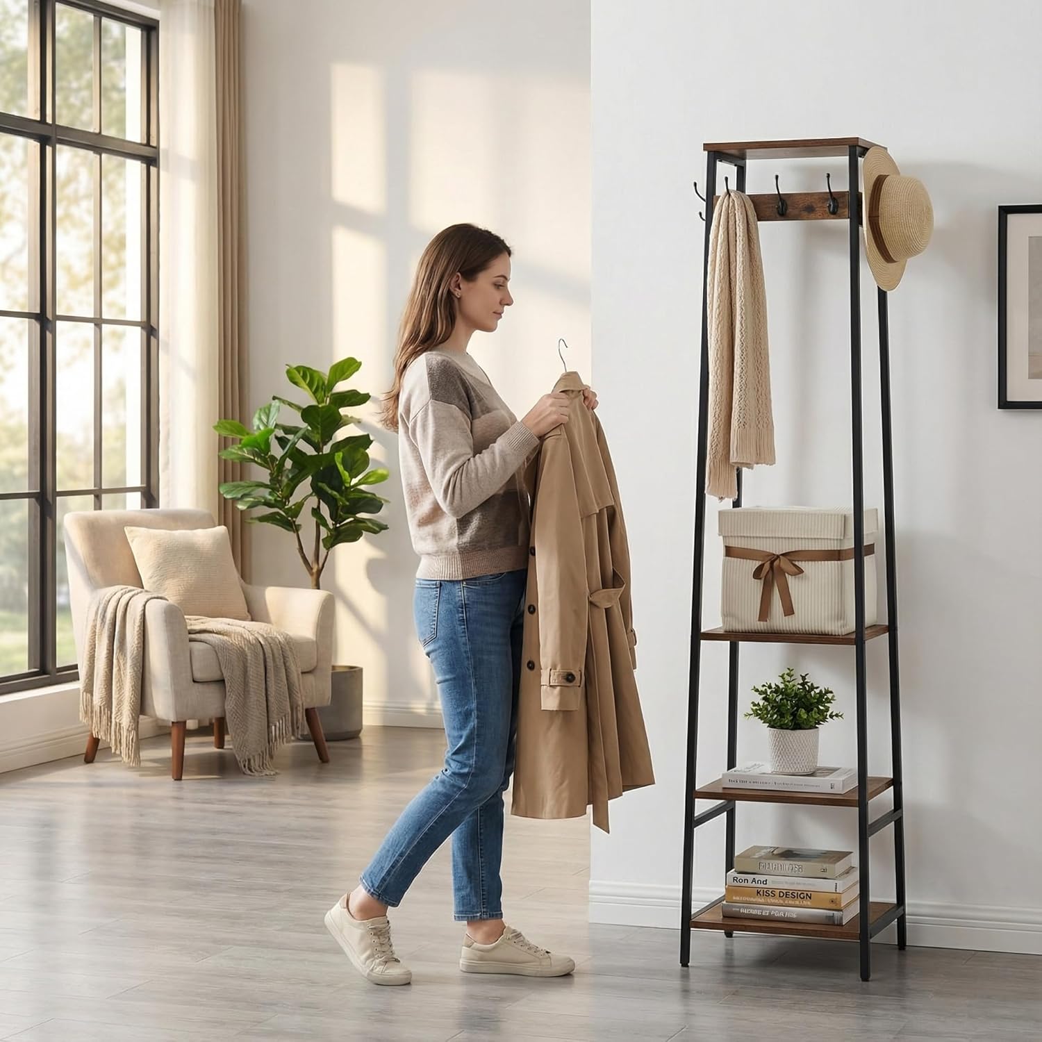 Coat Rack Freestanding, Coat Stand with 3 Shelves and 7 Hooks, Hall Tree Free Standing, Clothes Rack Stand Organizer, Industrial Style, Rustic Brown and Black