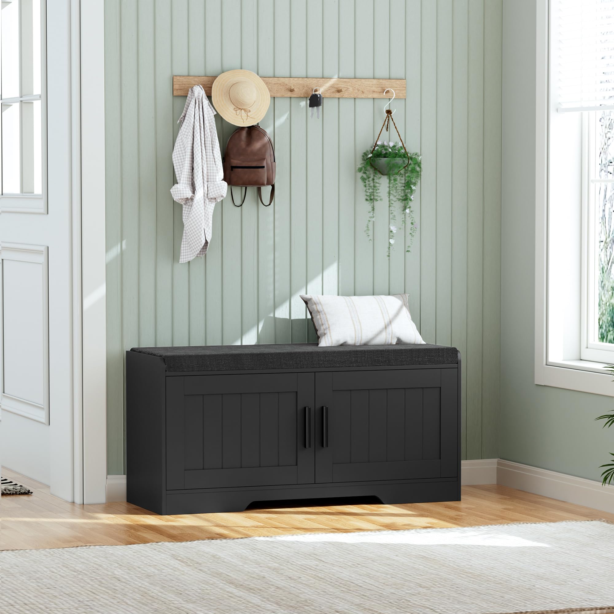 Homleke 2-Tier Storage Bench, Shoe Bench with Thickened Padded Seat Cushion, Entryway Bench with 2 Doors, Adjustable Shelf, 13.8" D x 37.4" W x 18.5" H, for Entryway, Living Room, Bedroom, White
