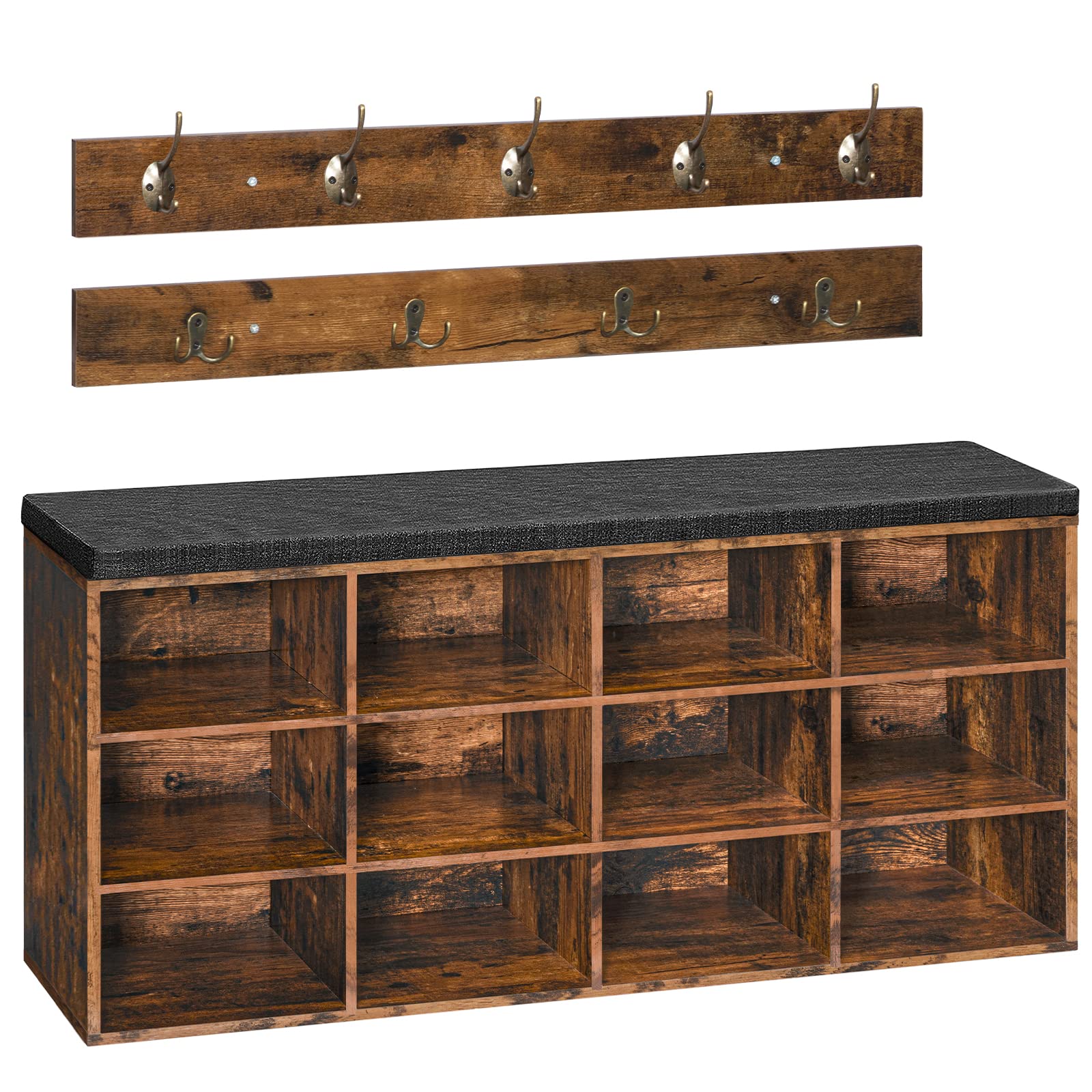 HOOBRO Shoe Storage Bench with Cushion, 39.4" L Entryway Bench with 12 Cubbies, Entryway Hall Tree with Storage, Shoe Cabinet with Coat Rack for Bedroom, Hallway, Holds up to 330 lb, BF112HX01G1