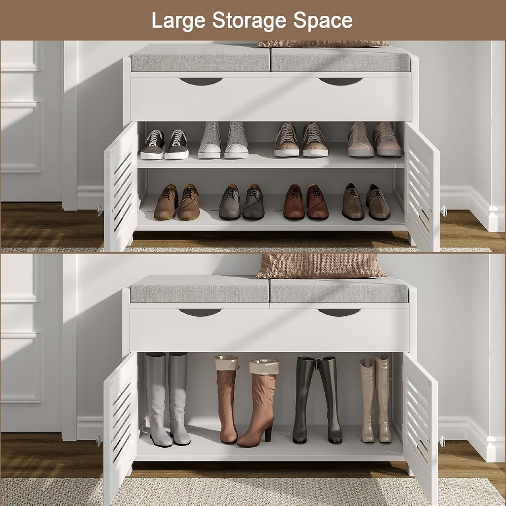 ChooChoo Shoe Storage Bench with Lift Top Storage, Entryway Bench with 2 Cushioned Seats, 3 Compartments, Adjustable Shelf, Shoe Cabinet for Entryway, Bedroom, Living Room, White