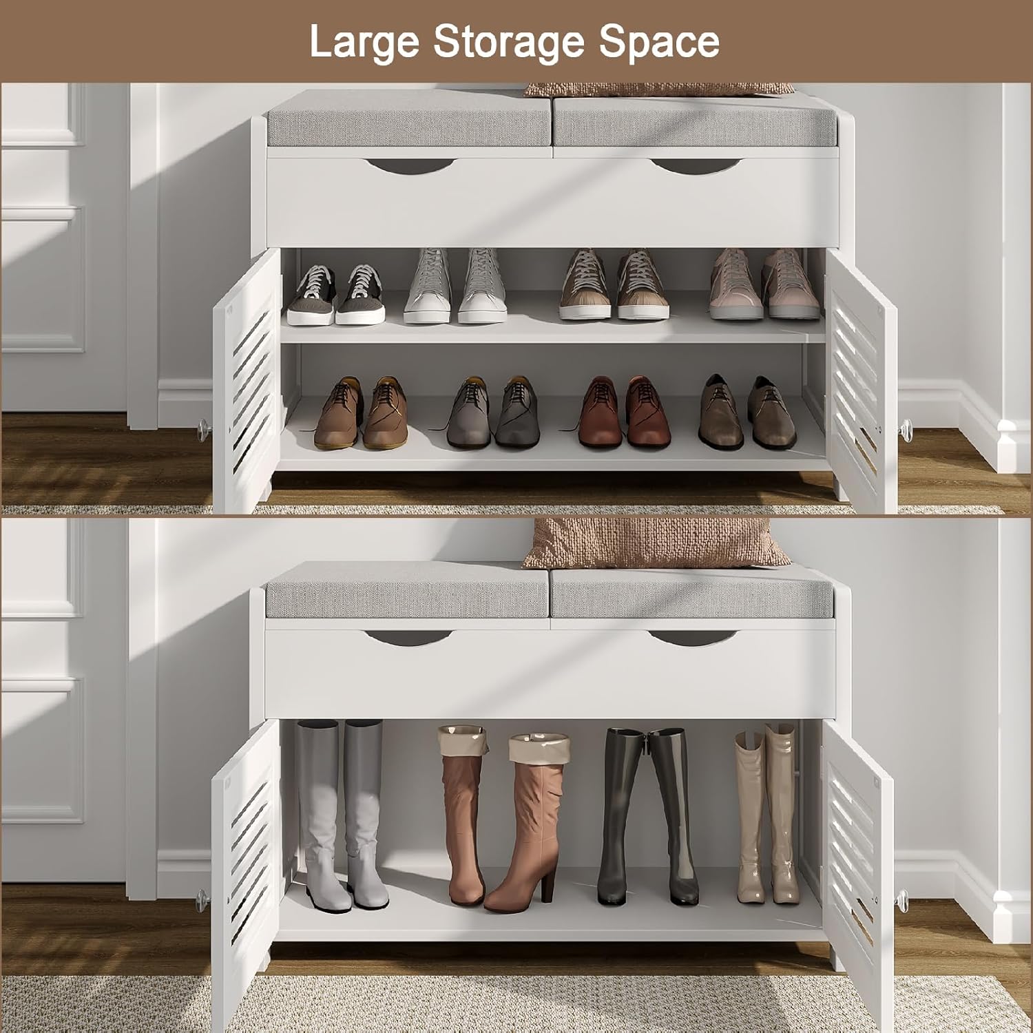 ChooChoo Shoe Storage Bench with Lift Top Storage, Entryway Bench with 2 Cushioned Seats, 3 Compartments, Adjustable Shelf, Shoe Cabinet for Entryway, Bedroom, Living Room, White