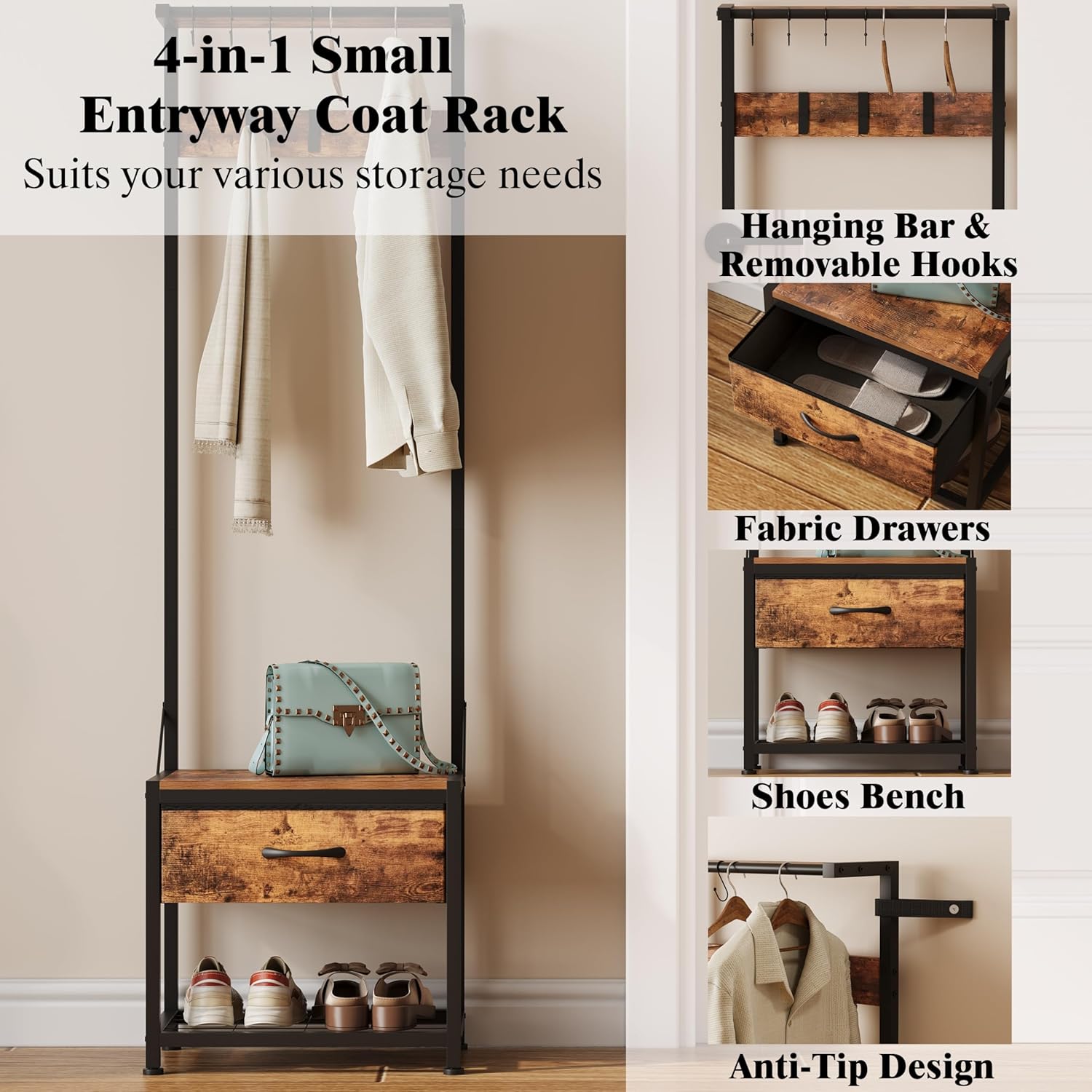 LUMTOK Hall Tree with Shoes Bench, Small Coat Rack with Fabirc Drawer and Shelf for Bedroom, 4-in-1 Entryway Organizer with Shoes Stool for Living Room, Entryway, Closets (Rustic Brown) (Brown, Small)