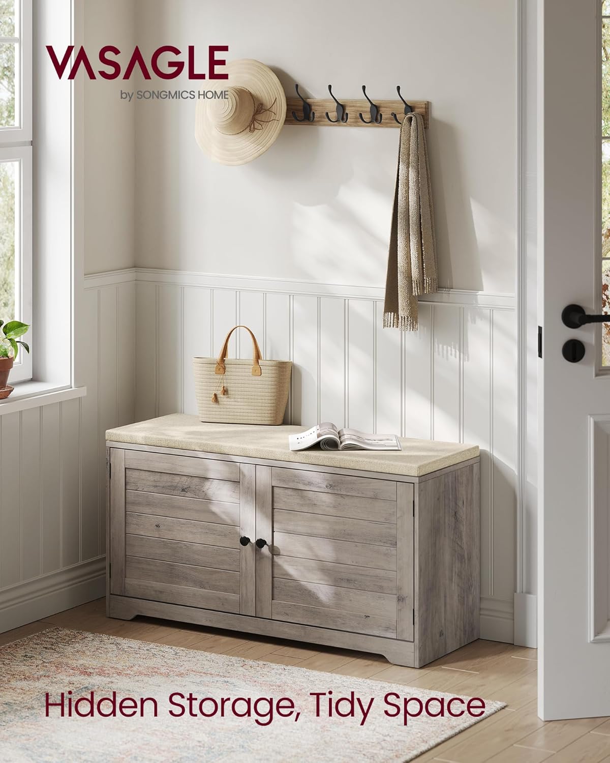 VASAGLE Shoe Storage Bench with Cushion, 3-Tier Entryway Bench with Padded Seat, Doors, Adjustable Shelves, 14 x 39.8 x 20.7 Inches, Hallway, Bedroom, Heather Greige and Cappuccino Beige ULSB044L01