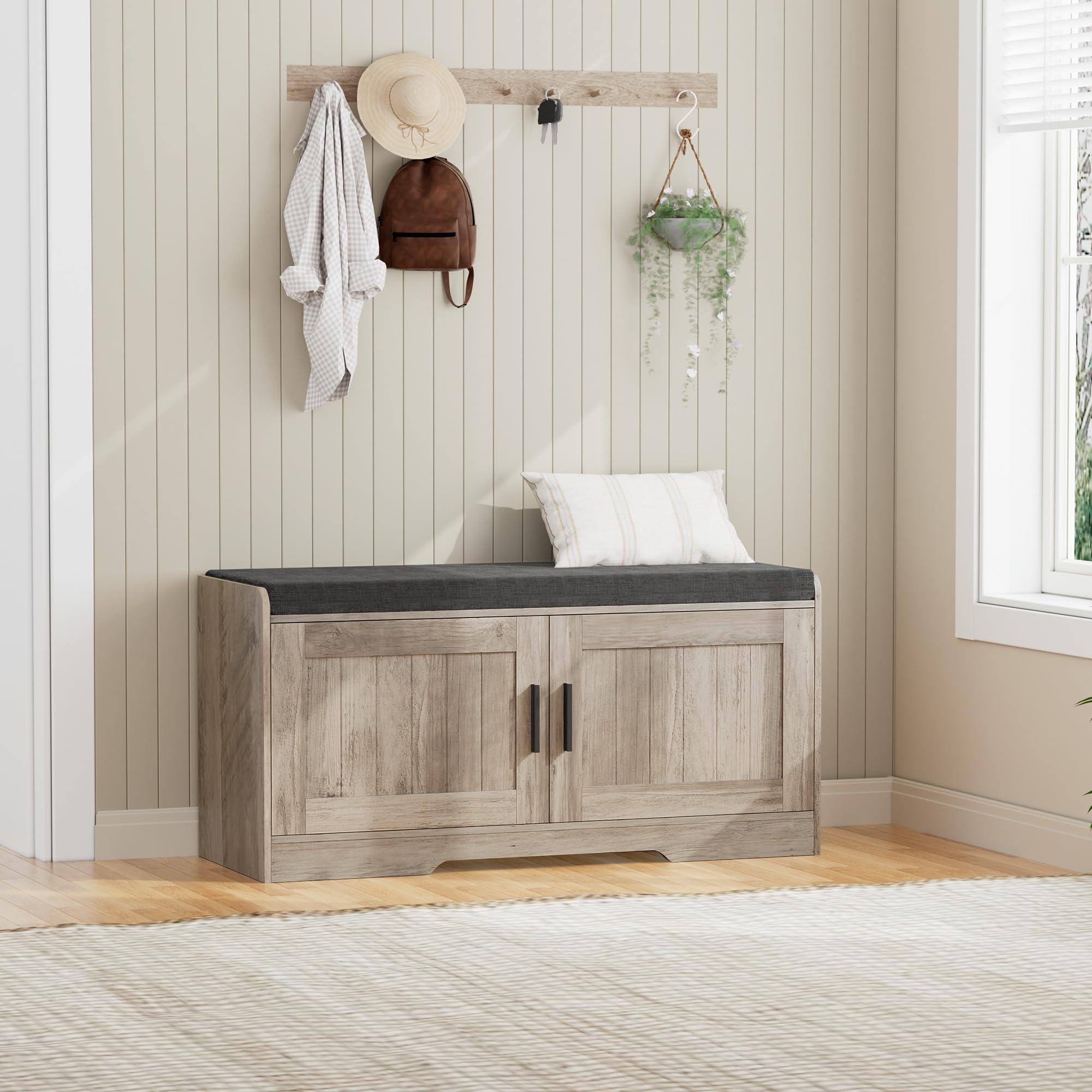 Homleke 2-Tier Storage Bench, Shoe Bench with Thickened Padded Seat Cushion, Entryway Bench with 2 Doors, Adjustable Shelf, 13.8" D x 37.4" W x 18.5" H, for Entryway, Living Room, Bedroom, White