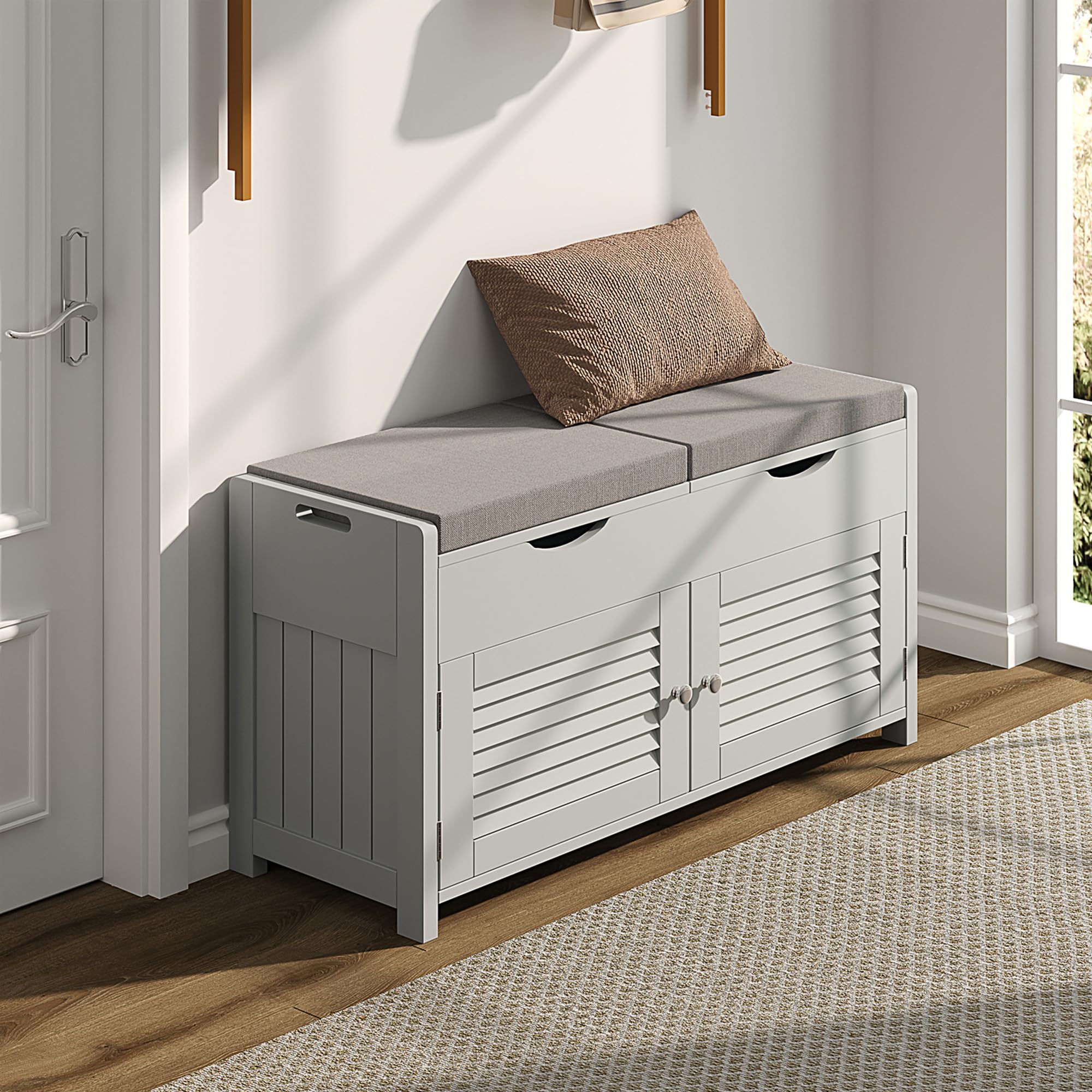 ChooChoo Shoe Storage Bench with Lift Top Storage, Entryway Bench with 2 Cushioned Seats, 3 Compartments, Adjustable Shelf, Shoe Cabinet for Entryway, Bedroom, Living Room, White
