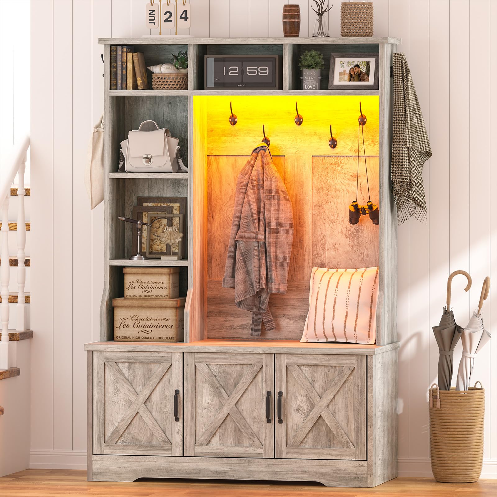 CSZZD Hall Tree with Bench and Shoe Storage, Farmhouse Entryway Bench with Coat Racks and Led Lights, Tall Hall Tree with 7 Coat Hooks, 6 Storage Cubbies, Adjustable Shelf
