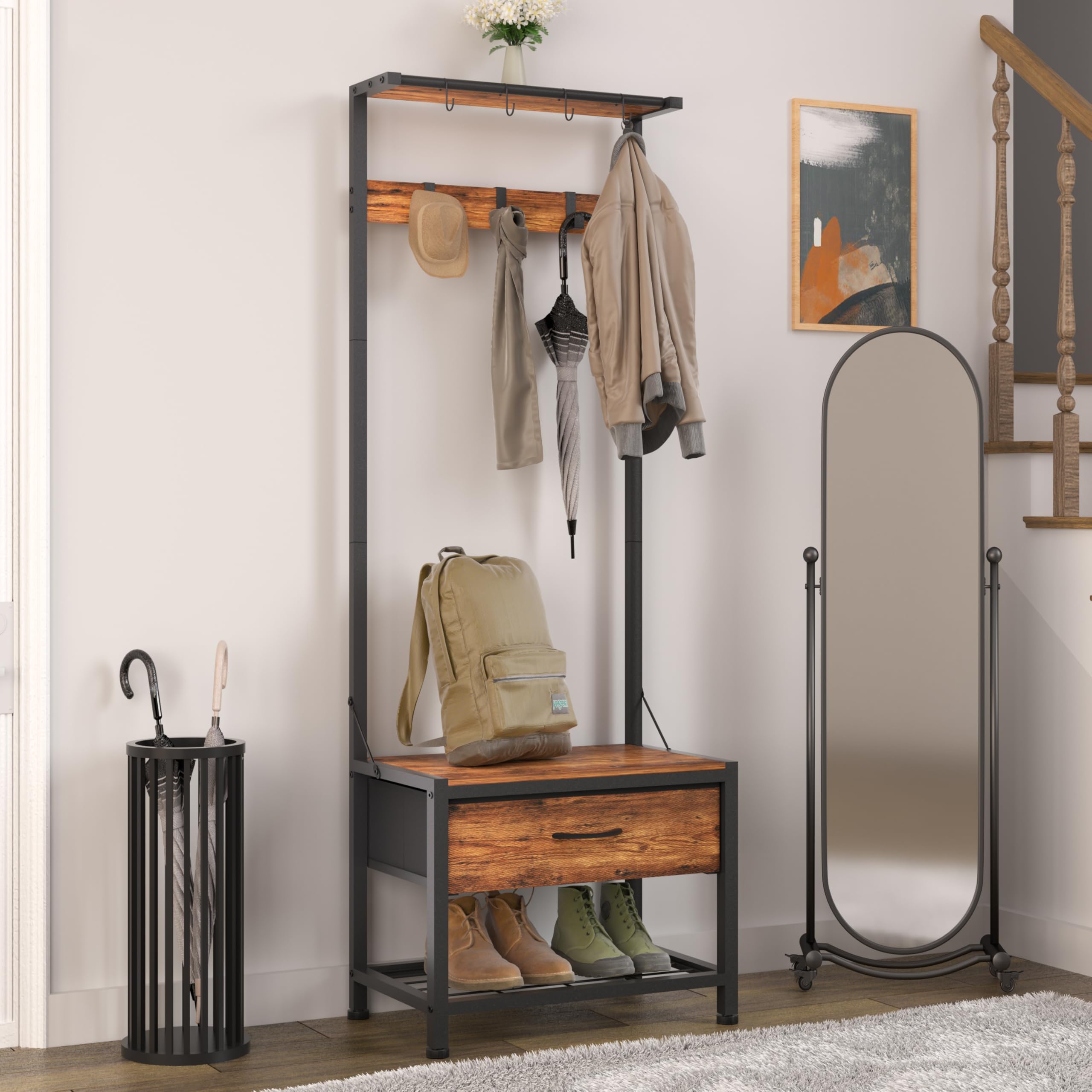 LUMTOK Hall Tree with Shoes Bench, Small Coat Rack with Fabirc Drawer and Shelf for Bedroom, 4-in-1 Entryway Organizer with Shoes Stool for Living Room, Entryway, Closets (Rustic Brown) (Brown, Small)