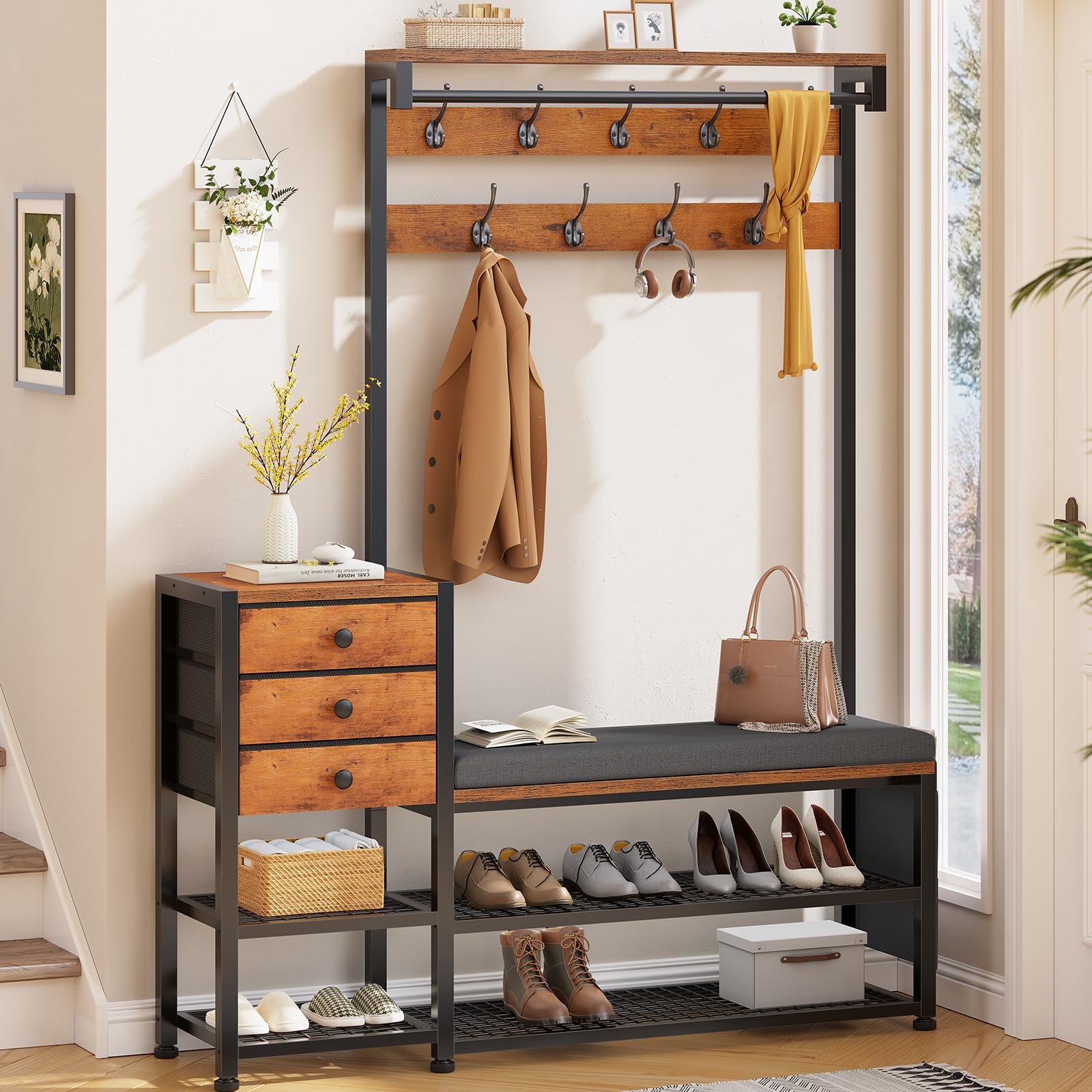 Itaar Coat Rack, Hall Tree with Bench and Shoe Storage, 7-in-1 Entryway Bench with Soft Cushion, Storage Bag, 3 Fabric Drawers(Rustic Brown)