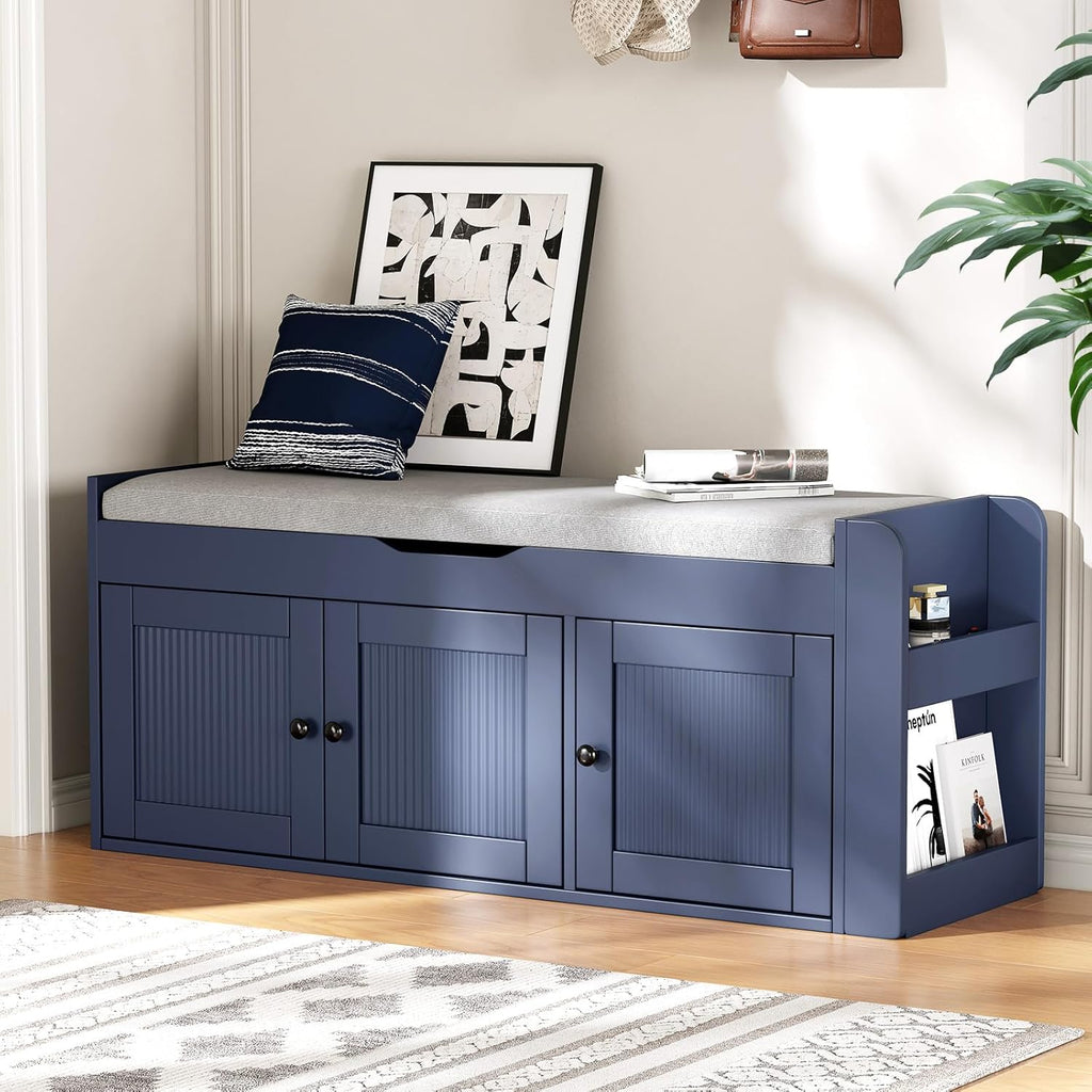 42.6" Storage Bench - Entryway Shoe Bench with Side Storage Shelves and 3 Doors, Multifunctional Entryway Bench with Lift Top Cushion, Shoe Storage Bench for Bedroom, Living Room, Blue